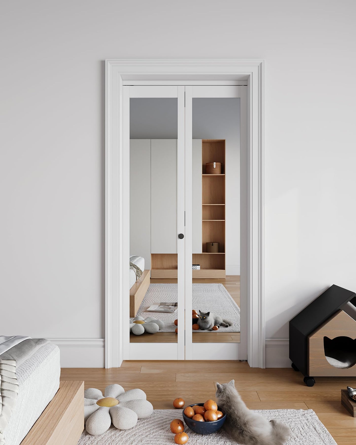 Bifold Doors for 24" x 80" Opening, 1-Lite Mirror Bifold Closet Doors with Sliding Hardware Kit Set, HD Mirror Bifold Panels for Interior Closet, Pantry, White & Easy Install