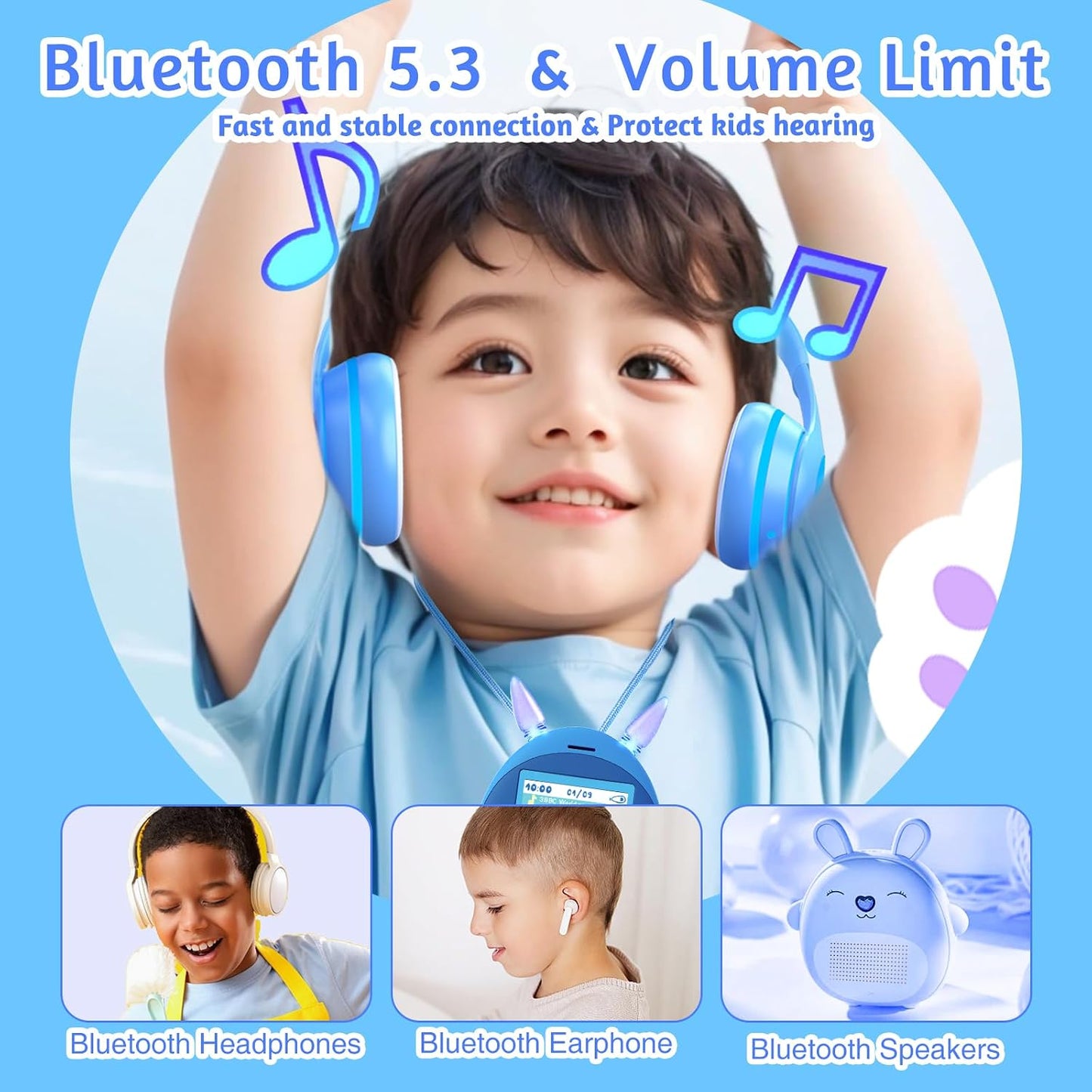 wiwoo 64GB MP3 MP3 Lights,100hrs 12 Player for Kids, Kids Player with Bluetooth, Speaker, Games, Recorder, Ear Loseless