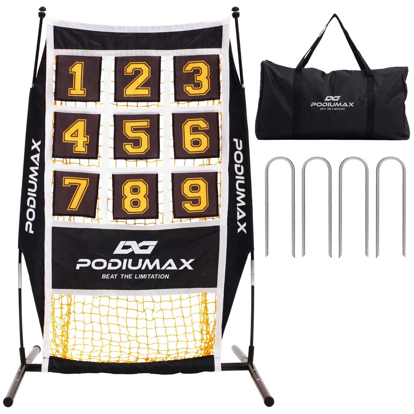 PodiuMax Baseball & Softball Pitching Net, 9 Hole Target Net with Strike Zone, Large Ball Collection System, Solo Practice for Backyard Park Field, Portable Baseball Throwing Trainer with Carry Bag