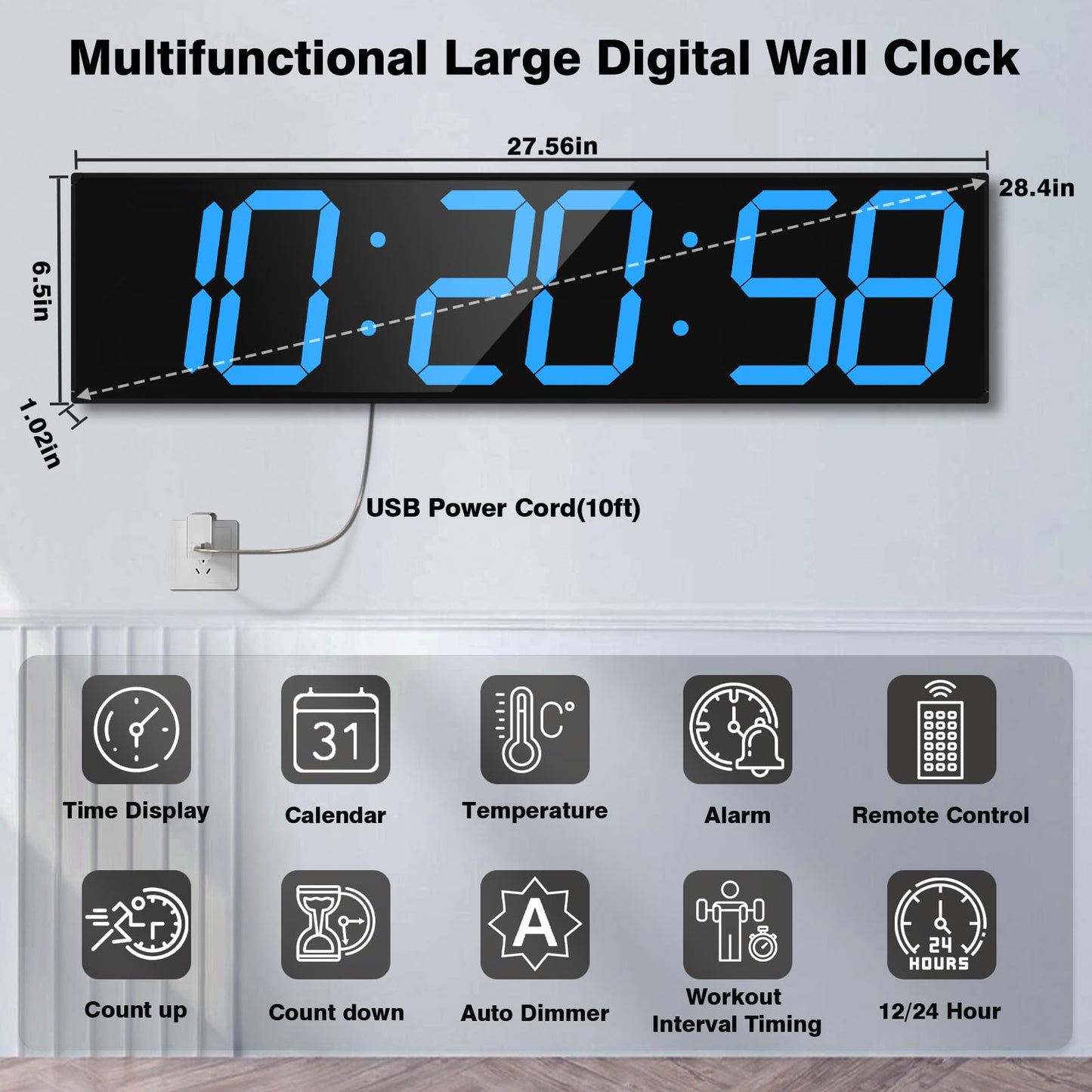 CHKOSDA Digital Wall Clock with Large Display, 28.4‘’LED 6-Digit Large Digital Clock with Adjustable Brightness, Multifunction Gym Clock with Countdown,Stopwatch and Workout Interval Timing (Blue)