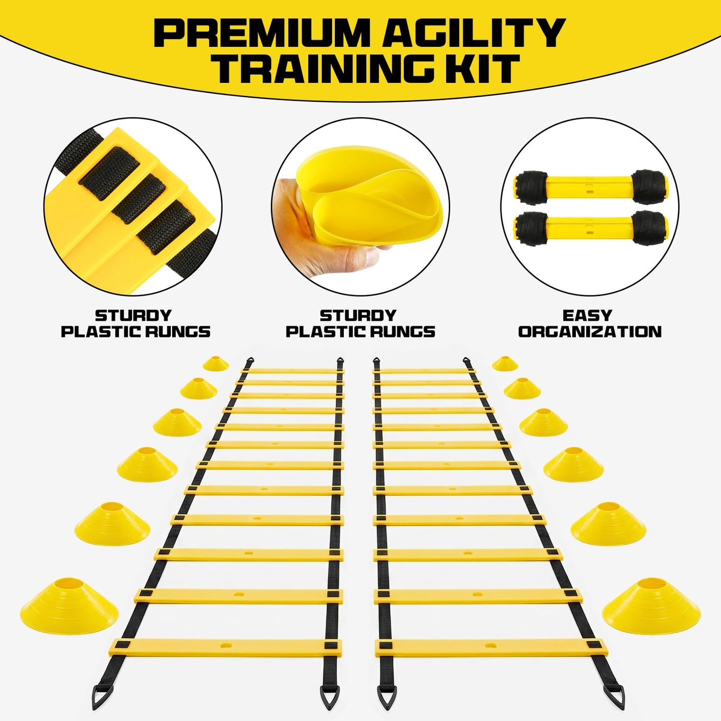 2 Pack 20ft Agility Ladder Set, 40ft Total Adjustable Speed Ladder with 12 Cones, 8 Stakes, 1 Carry Bag - Parallel Footwork Drills Gear for Football Soccer Basketball Training Equipment (Yellow)