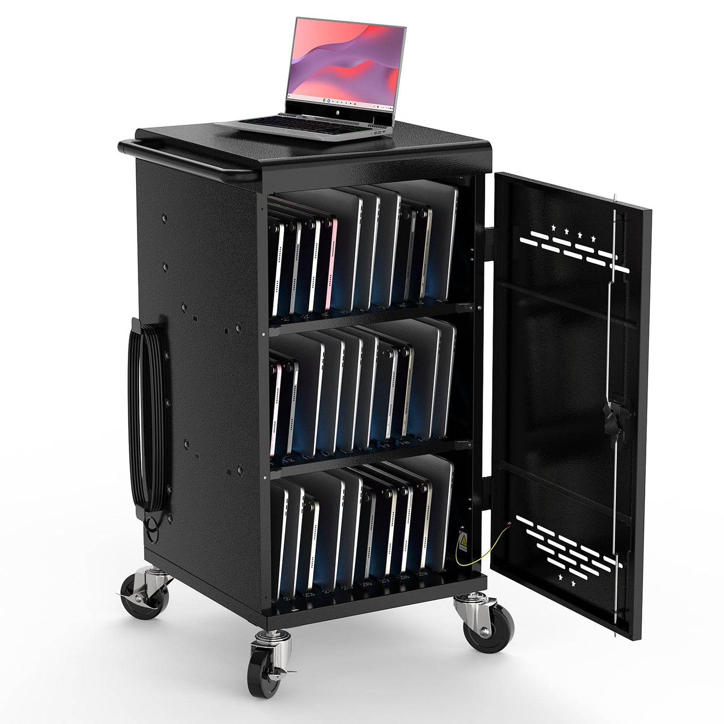 Metateel 30-Device Charging Cart for Chromebook, iPad & Laptops up to 14" – Laptop and Tablet Storage Cart with Cable Management, Circuit Breaker & Grounding Protection, Black (Assembly Required)