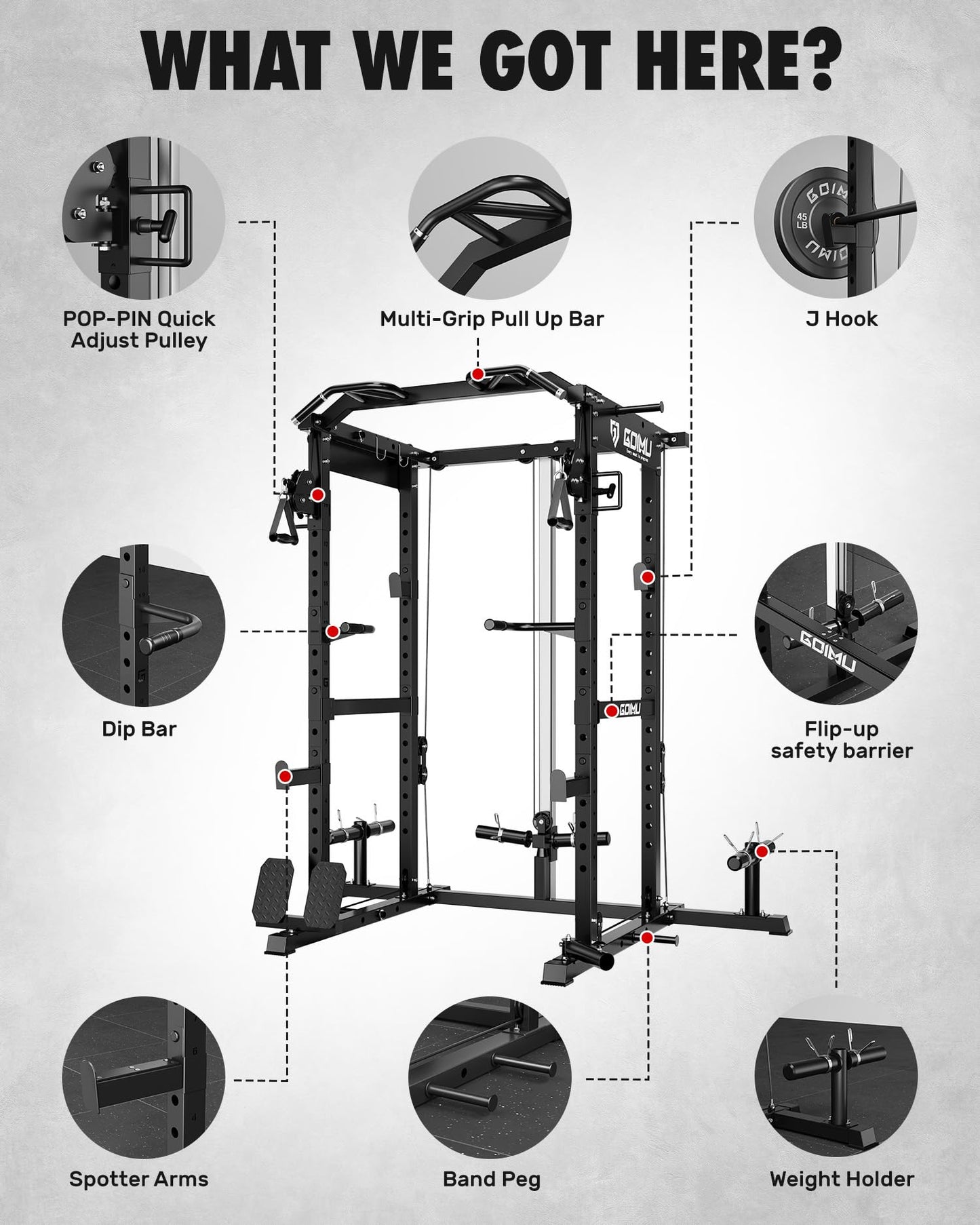 GOIMU RH01 Power Cage Rack, 2000LBS Squat Rack with with Cable Crossover System&LAT Pull Down System, Multi-Function Workout Cage for Home&Garage Gym (Black, RH01 Power Cage)