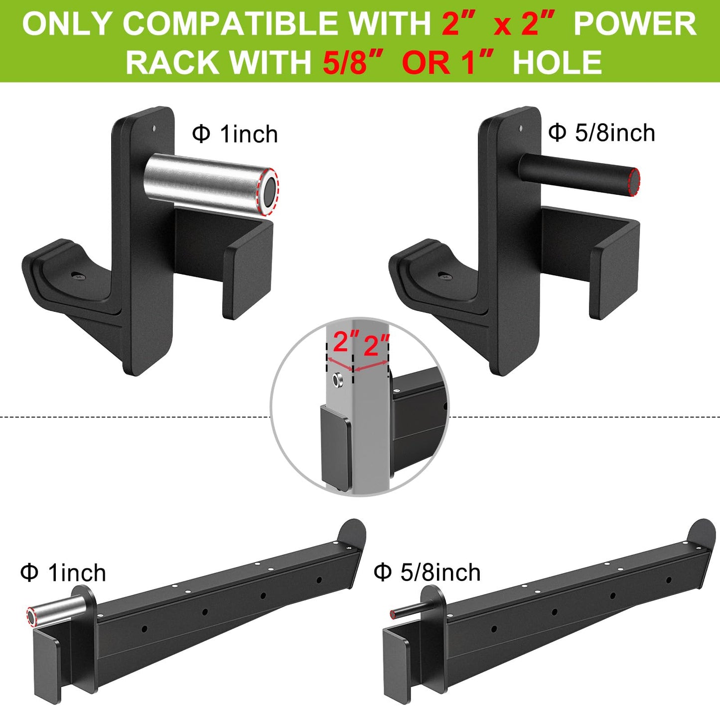 Kipika Safety Spotter Arms and J-Hooks for 2" x 2" Power Racks with 5/8" or 1" Hole - Heavy Duty Barbell Holders and Catches with Rubber Pads - Power Rack Attachments for Squat, Bench Press and More