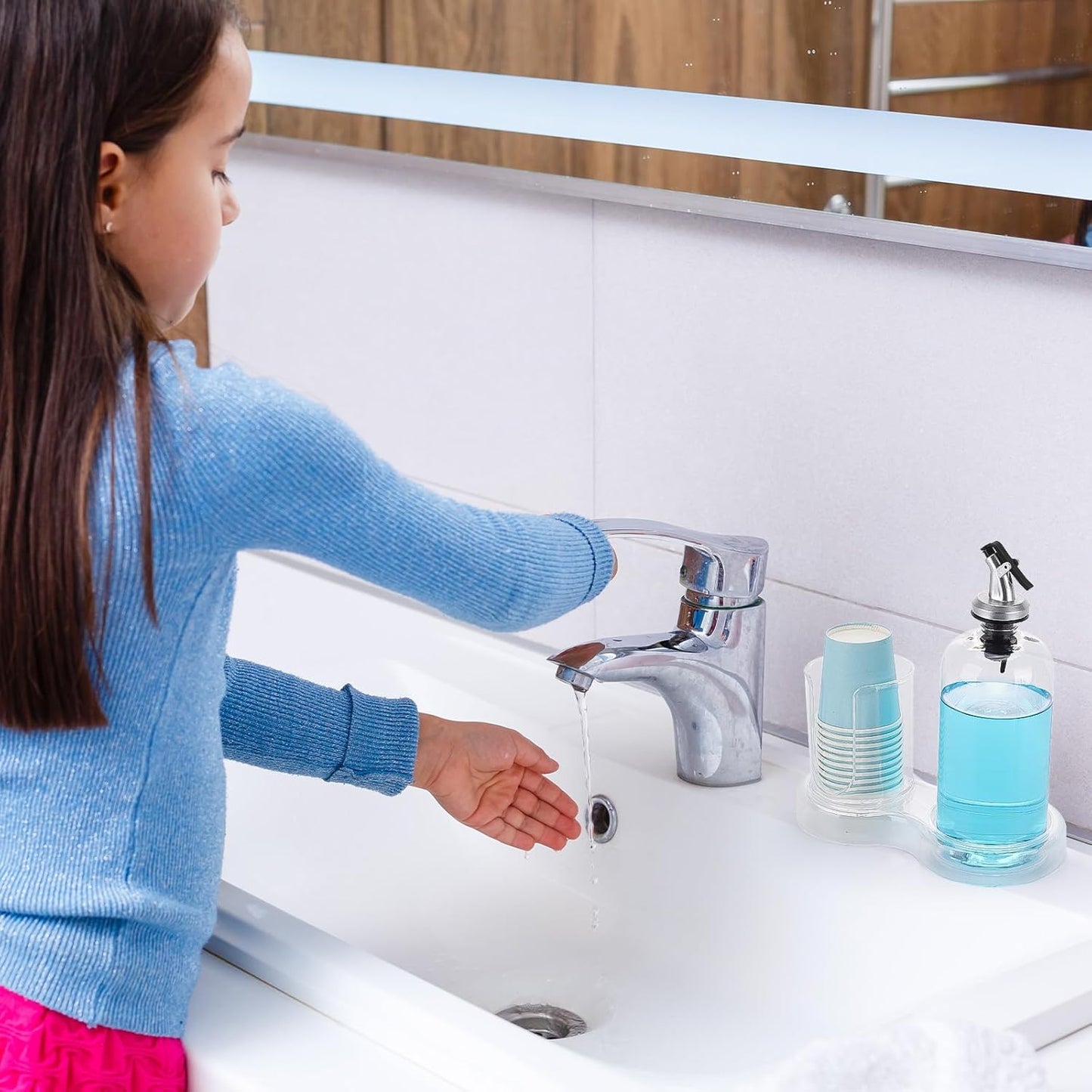 Tbestmax Mouthwash Dispenser - Clear Refillable Pump Bottle with Cup Holder & Tray | 16oz Bathroom Organizer