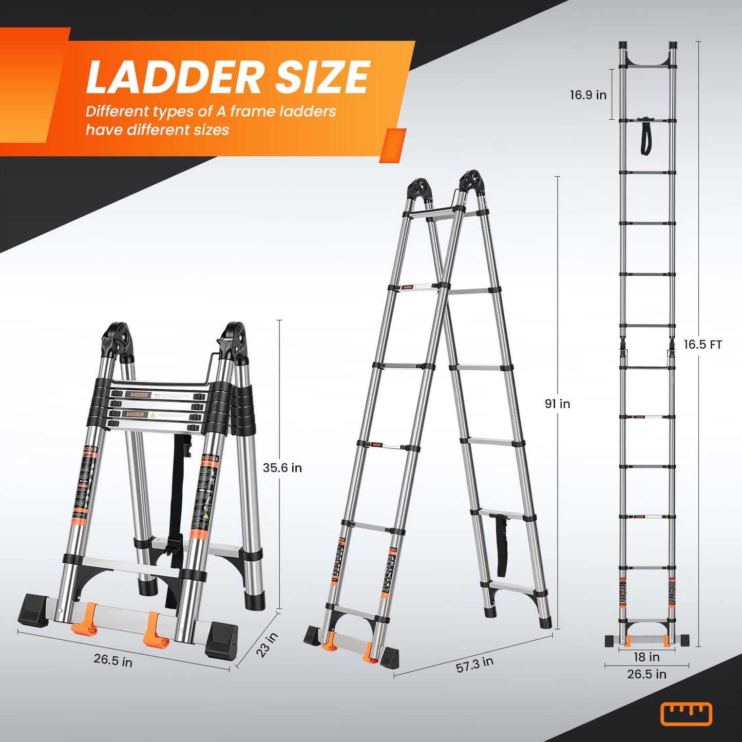 Telescoping Ladder 16.5 FT A Frame, Extension Multi-Purpose with Balance Bar Heavy Duty 330 lbs Max Capacity for Home and Outdoor Work, Silver