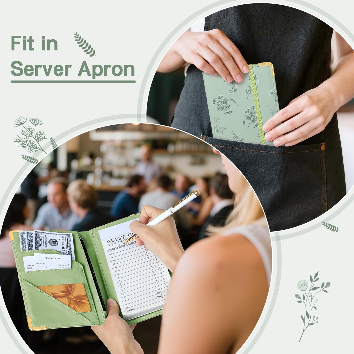 Server Book, Faux Leather Server Books for Waitress, Cute Servers Book with Zipper Pocket & Pen Holder, Serving Books Fits Servers Apron, Sage-Green