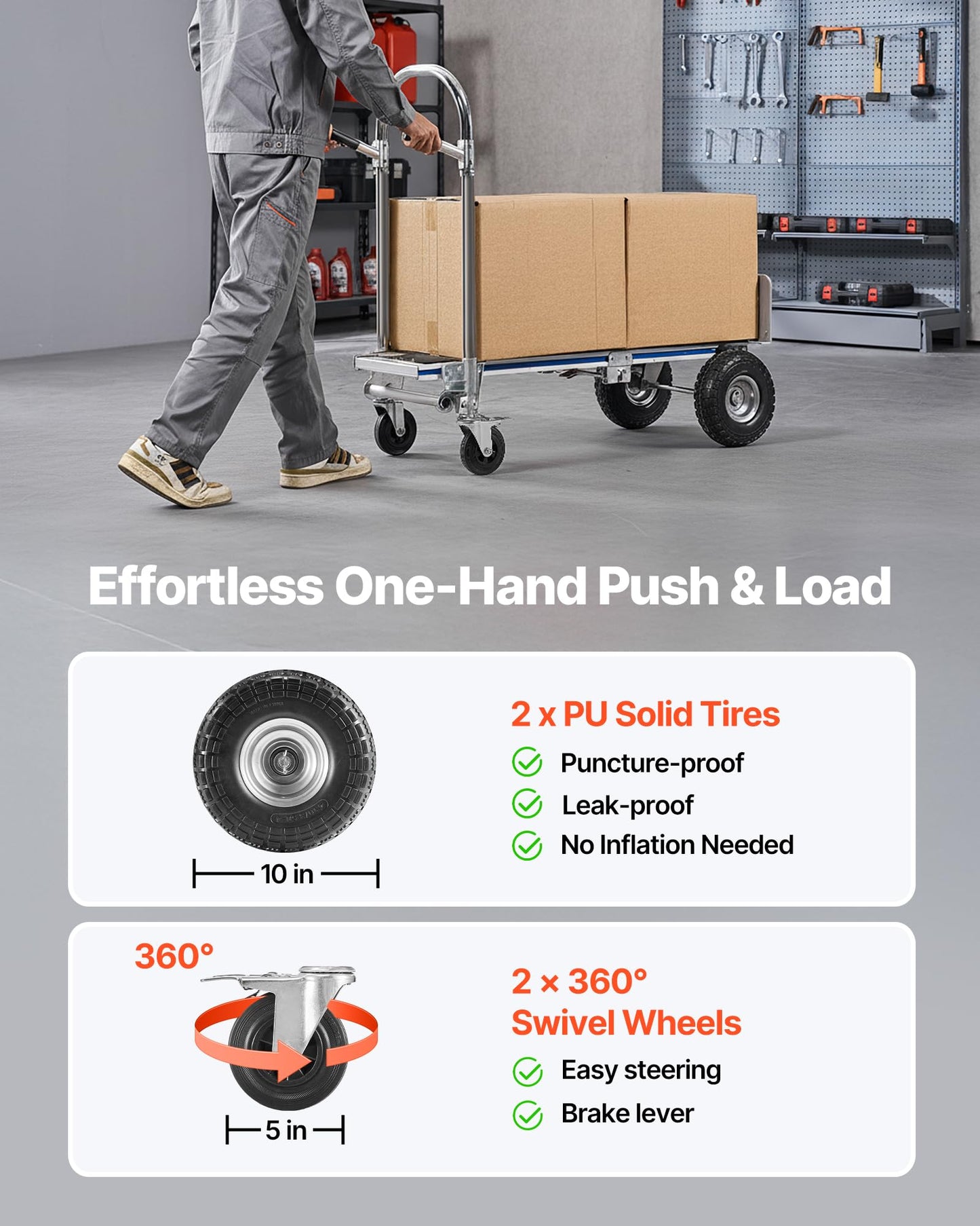 VEVOR 2 in 1 Hand Truck, 1000 lbs Load Capacity for 4-Wheel Mode, Convertible Hand Truck Dolly with Non-Slip Handle & Wheels, Portable Trolley Dolly for Moving Home, Office, Warehouse, Supermarket