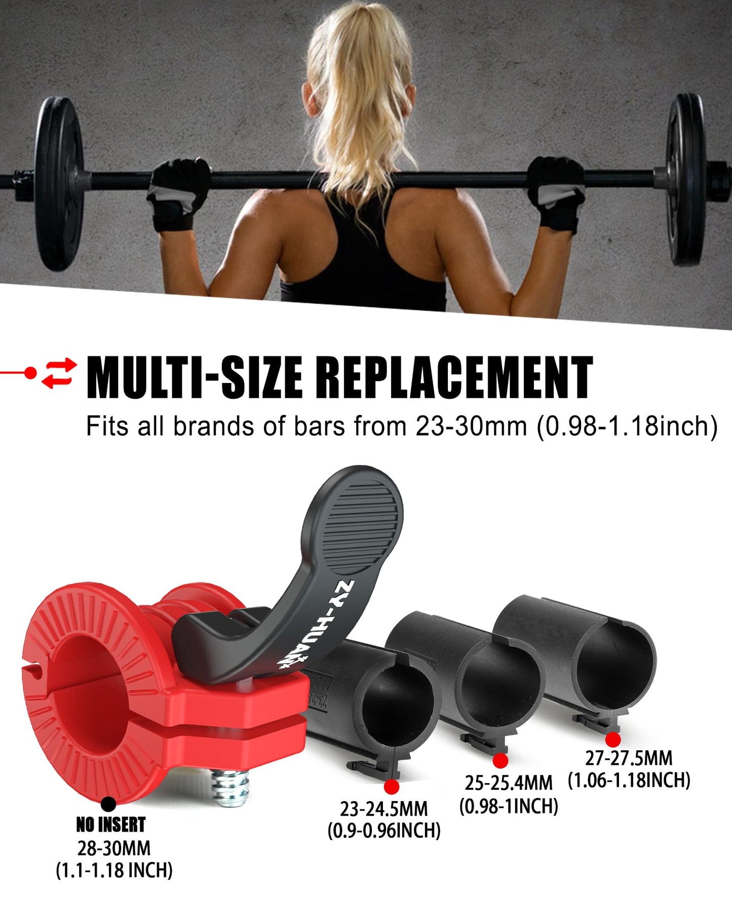 ZY-HUAN Pro Barbell Clips 1 inch Barbell Clamps 0.9-1.18inch Quick Release Weight Clips for Bars Multi-Size Adjustable Olympic Barbell Clamps (Red+Black)