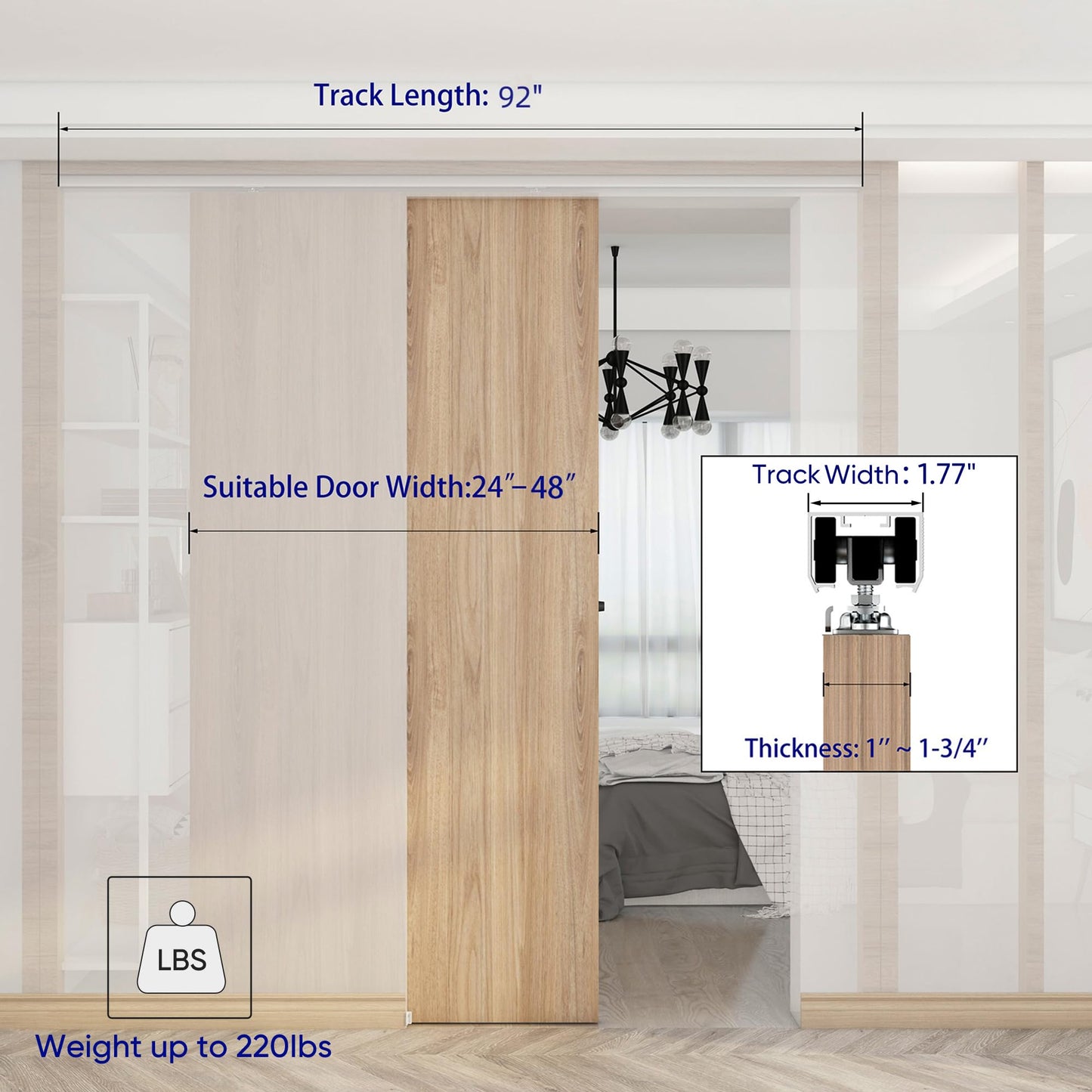 JUBEST 8FT Commercial Grade Pocket Door Hardware and Track Set, Sliding Door Hardware 92", Durable and Smoothly, Easy to Install