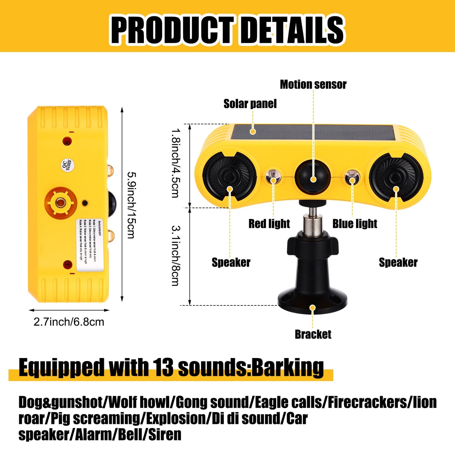 Qualirey 8 Pack Solar Outdoor Motion Sensor Alarm with Stake Animal Deterrent 2 x 129dB Loud Noisemaker 13 Sound Detector Strobe Light, 4 Mode Dog Barking Alarm Sensor on Ground or Fence