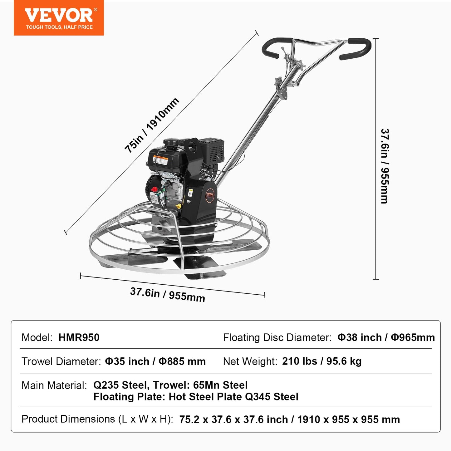 VEVOR Power Trowel 38 inch, 6HP Gas-Powered Smooth Concrete with Float Pan, Heavy Duty Commercial Screed Concrete Cement with Finishing Blade