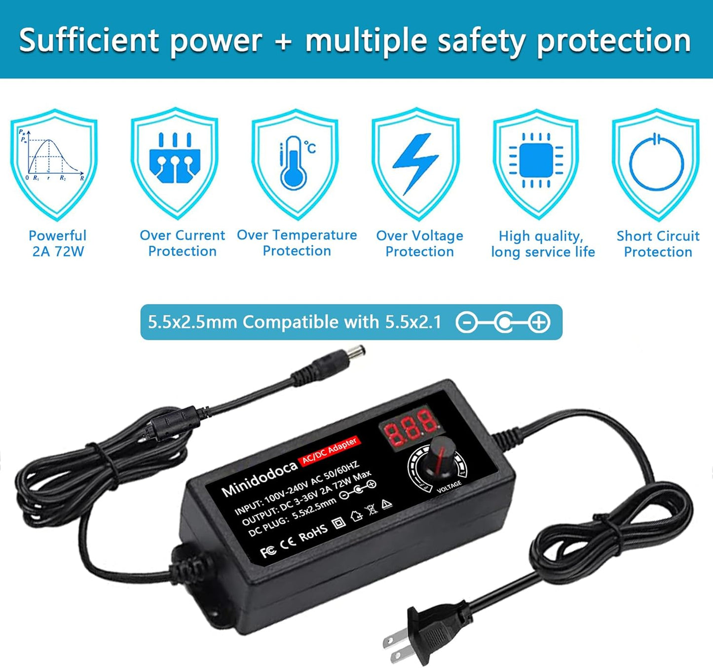 minidodoca 72W 3V 36V 13 3V 36V 2000mA Power Supply Adjustable DC ~ Variable Universal Switching AC/DC Adapter AC to DC