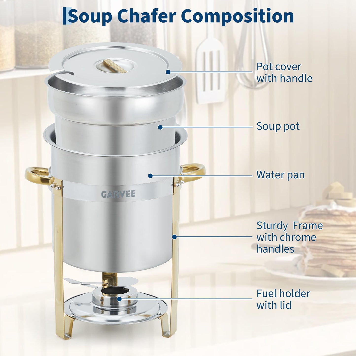 7QT Commercial Soup Warmer, 2 Pack Stainless Steel Round Soup Chafer with Pot, Notched Lids & Fuel Holders, Food Warmer for Buffets Parties Wedding Banquets Catering, Gold