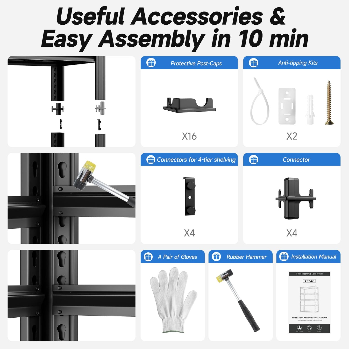 cynnda 4-Tier 40" W x 19.7" D x 60" H Garage Shelf Heavy Duty Metal Garage Shelving Load 2200LBS Utility Shelves Industrial Rack Adjustable Shelves for Garages Basement Storage Shelves (Black)