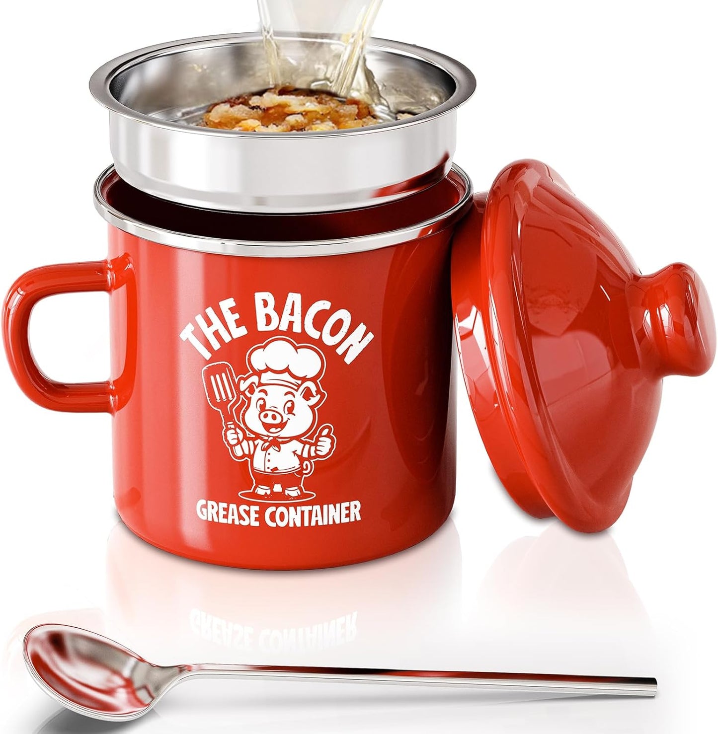 PGYARD Mini Bacon Grease Saver - 15oz Enamel Container with Strainer | Farmhouse Kitchen Fat Keeper, Dishwasher Safe - Red