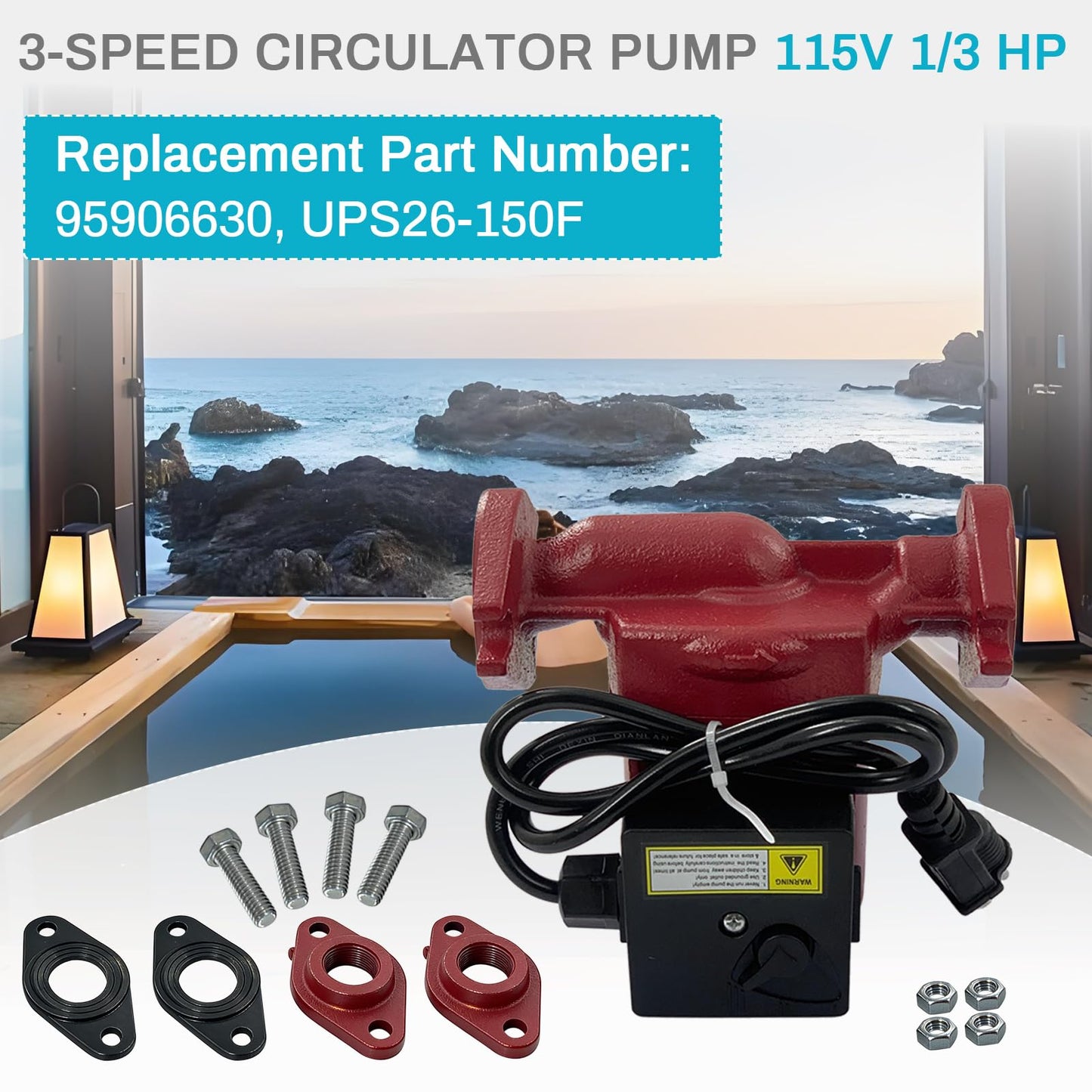 UPS26-150F Hot Water Circulator Pump Compatible with Grundfos 95906630 Cast Iron Circulator Pump 1/3 HP 115V 145 PSI 3-Speed 2-Bolt Flange For Heating Cooling Solar and Other System