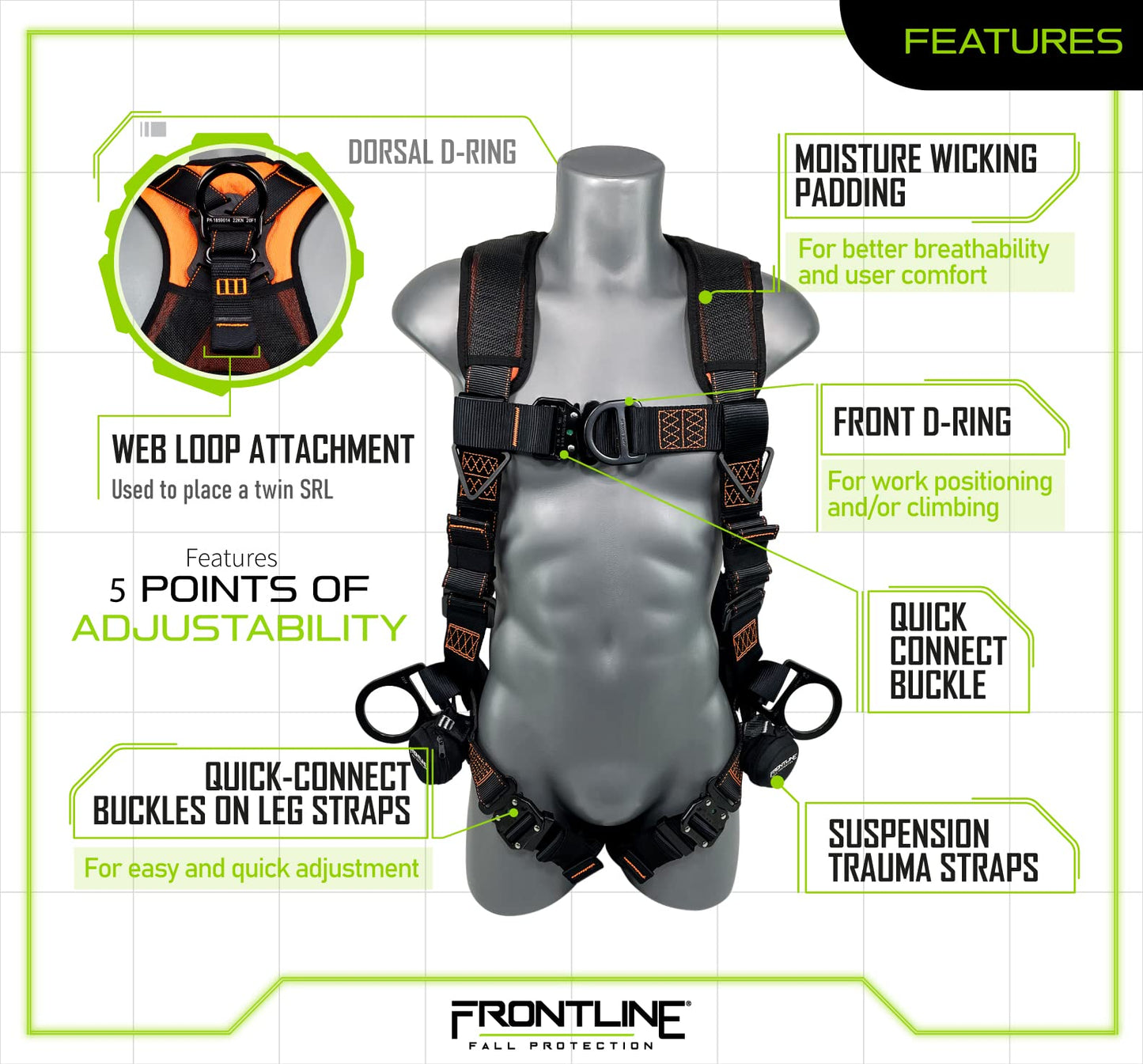 Frontline 105CFTB Combat™ Vest Style Harness with Front Side D-Rings and Suspension Trauma Straps | OSHA & ANSI Complaint (Universal Size)