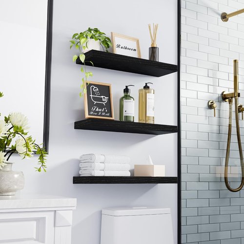 BAYKA Floating Wall Shelves - Rustic Wood Hanging Storage for Home Decor | Set of 3, 15.7in, Black
