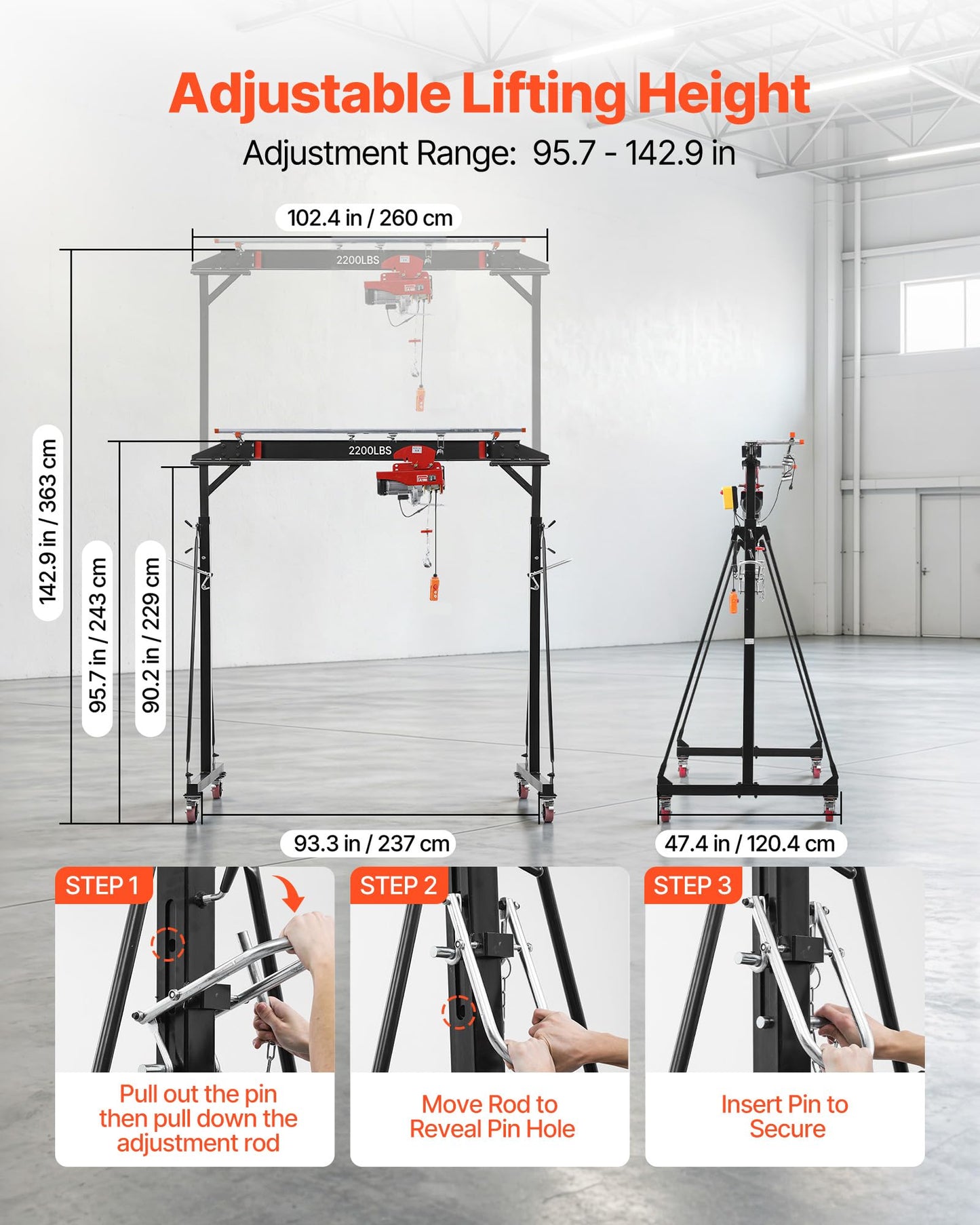 VEVOR Adjustable Gantry Crane, 2200 lbs Capacity, Portable Shop Lift Hoist with 95.7-142.9 in Height Adjustable, Manual Trolley, Electrical Hoist, Sling, Shackles, for Factory Warehouse Auto Repair