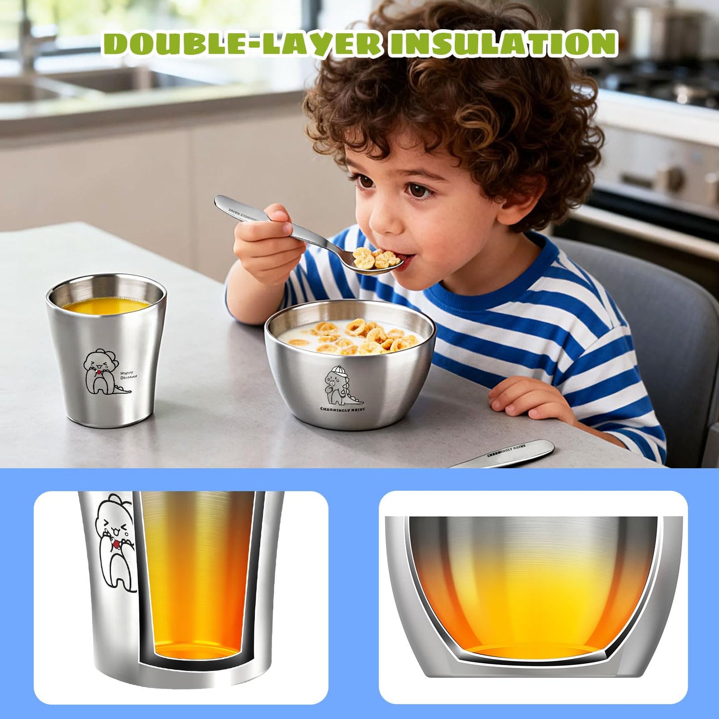 Greentainer Stainless Steel Kids Dinnerware Set, Unbreakable 304 Steel Toddler Plate with 3 Compartments, Baby Led Weaning Bowl, Cup, Fork & Spoon, Dishwasher Safe, BPA Free, Drop Proof for Boy & Girl