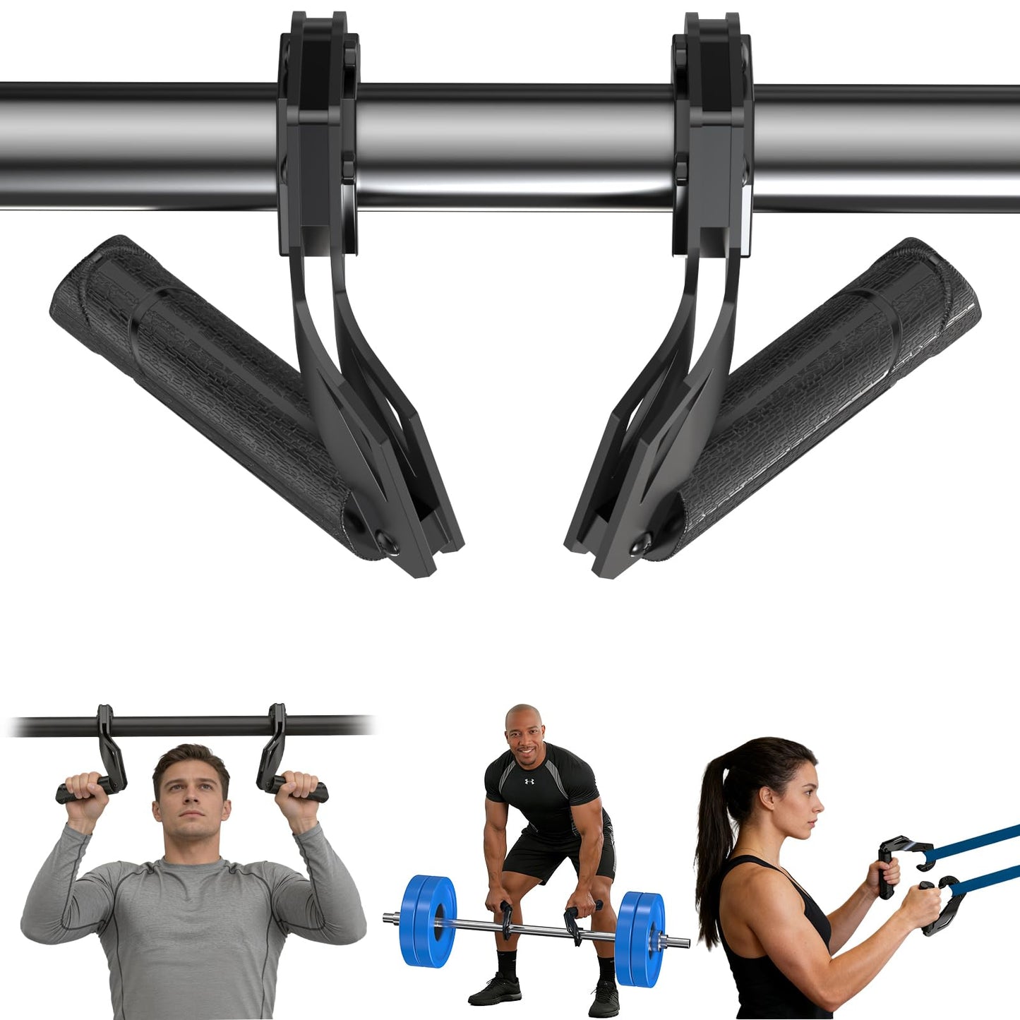 Yuiisenn Neutral Grip Handles 45° for Pull Up Bar, Pull Up Handles with Ergonomic Portable Hooks for Pull Ups, Deadlifts, Home Gym, Strength Training, Resistance Bands – Black