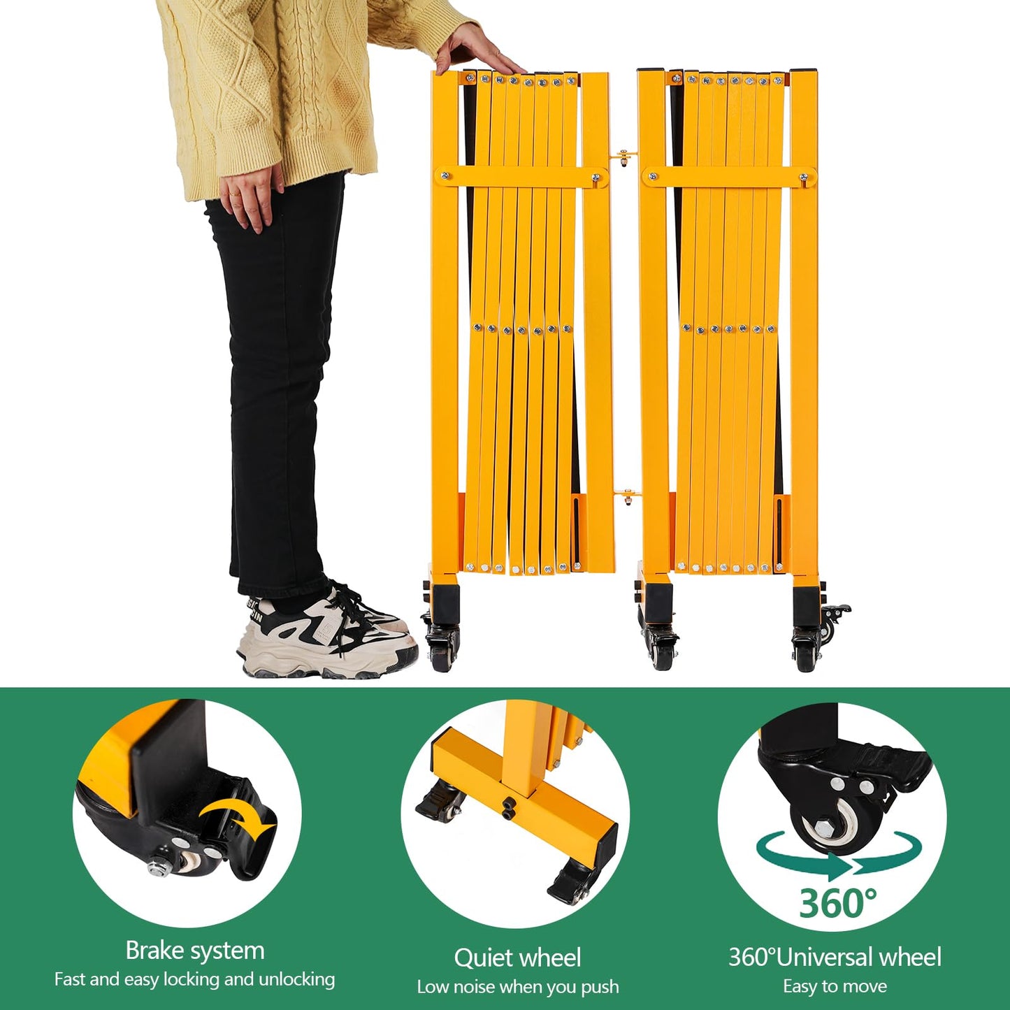 LTSEAME 23FT Industrial Expandable Barricade Folding Security Gate with Wheels,Retractable Driveway Gate with Aluminum Fence