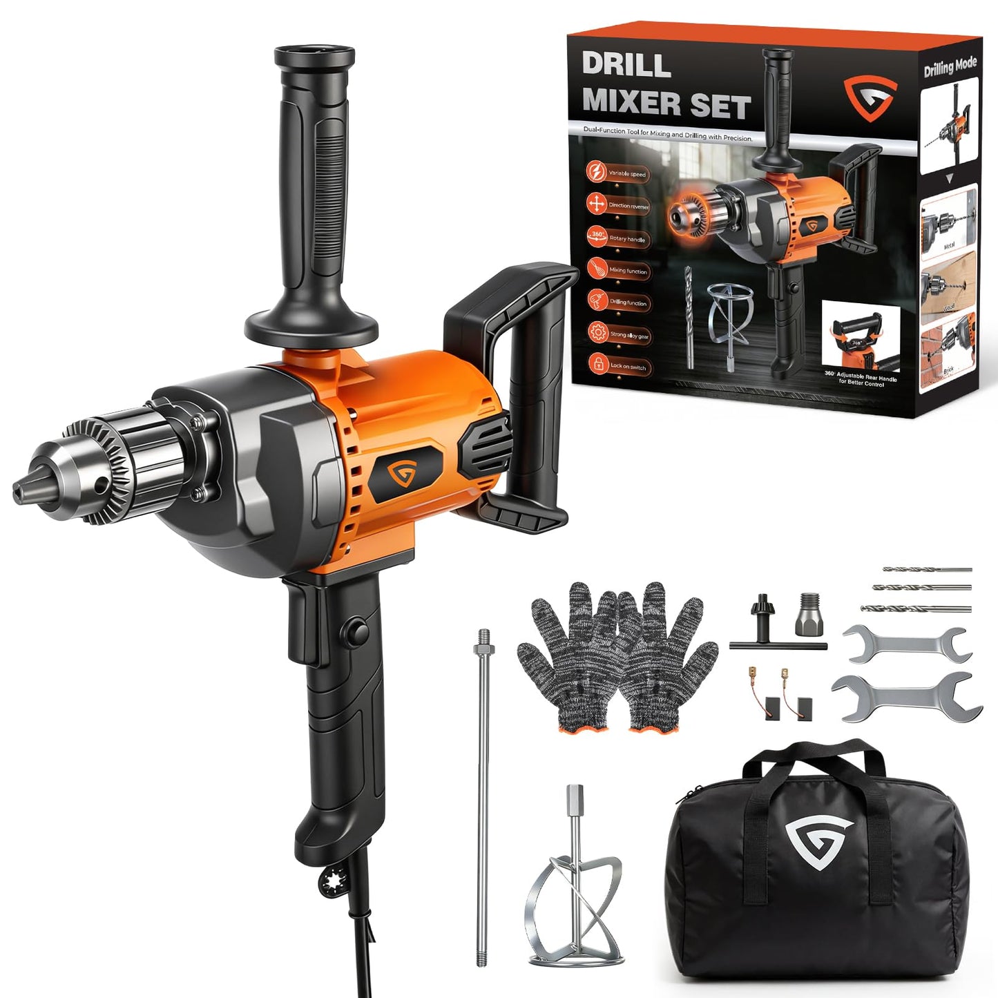 GEARPASS Drill Mixer Set, 20 Amp Corded Mixing Drill with 5/8" All-Metal Chuck, 1100 RPM Heavy Duty Concrete Mud Mixer with 360° Adjustable D-Handle for Cement Mortar Paint Grout Plaster Thinset
