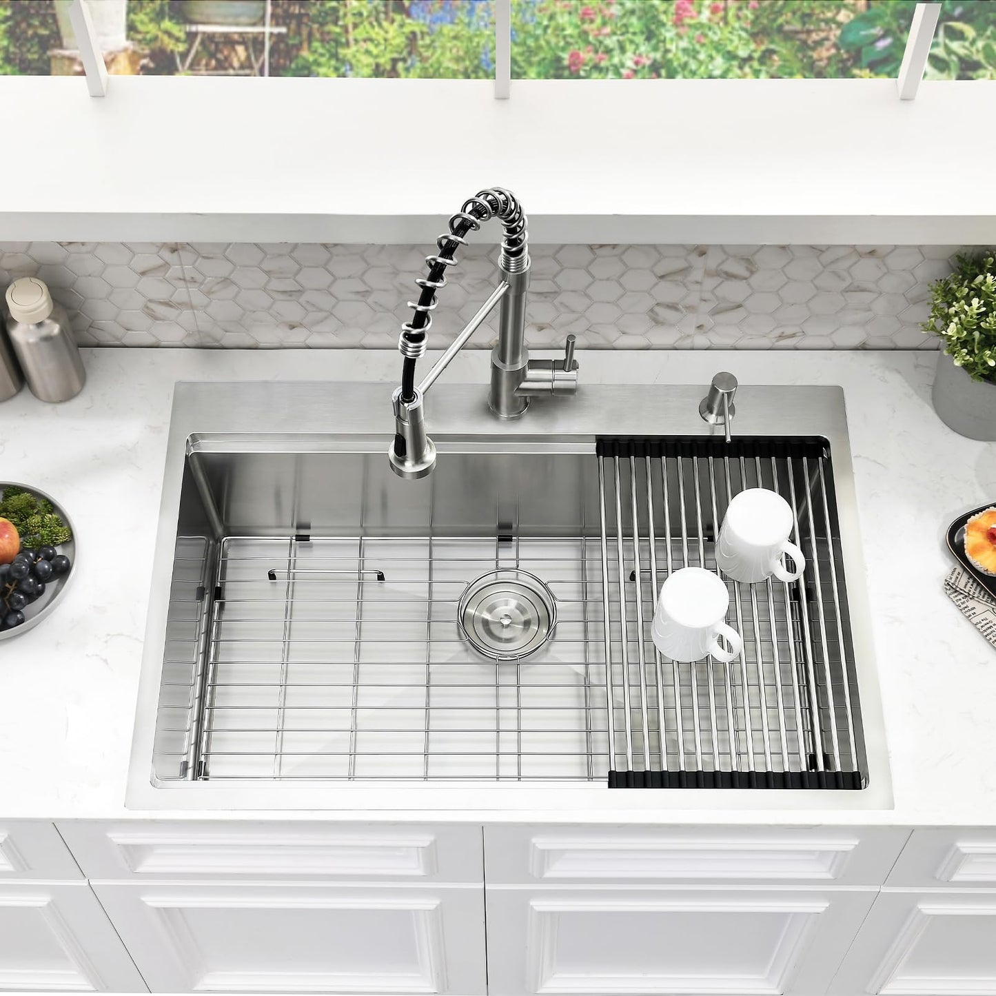 WMXQX Drop In Kitchen Sink, 33x22 Kitchen Sink with Faucet Stainless Steel Top Mount Workstation Overmount Handmade Single Bowl Deep Sink with Cutting Board&Soap Dispenser