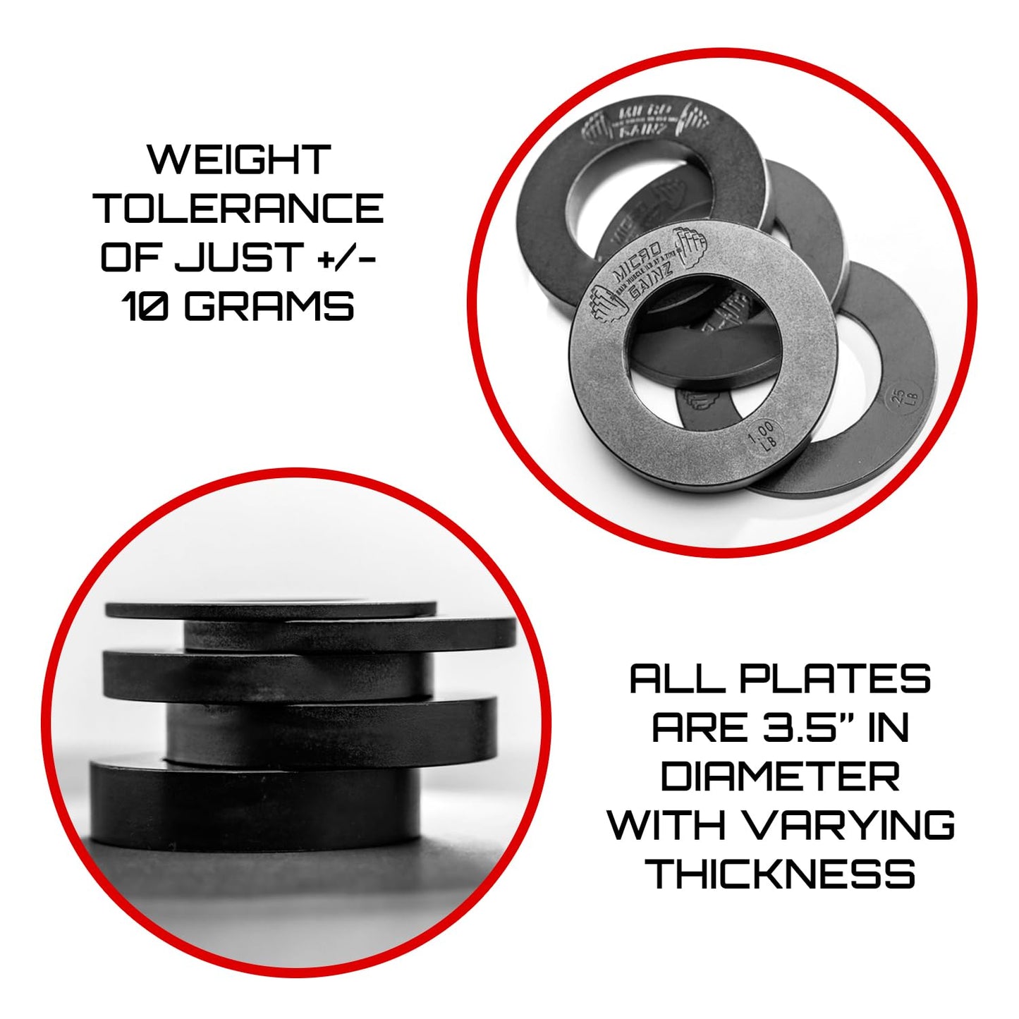 Micro Gainz Calibrated Fractional Weight Plate Set of 2 Plates, Choose Set (.25LB-1.25LB), Designed for Olympic Barbells for Strength Training & Micro Loading Bar Weights, Made in USA (1.25lb Black)