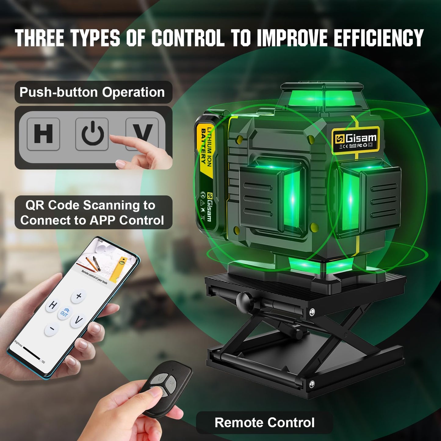 Gisam Laser Level with Tripod- 360° Rotating Window, Lazer Leveler Tool with Pulse Mode, 4D 16-Line Self Leveling Green Lazer Level with 2 * 4800mAh Batteries for Construction Tiling Home Renovation
