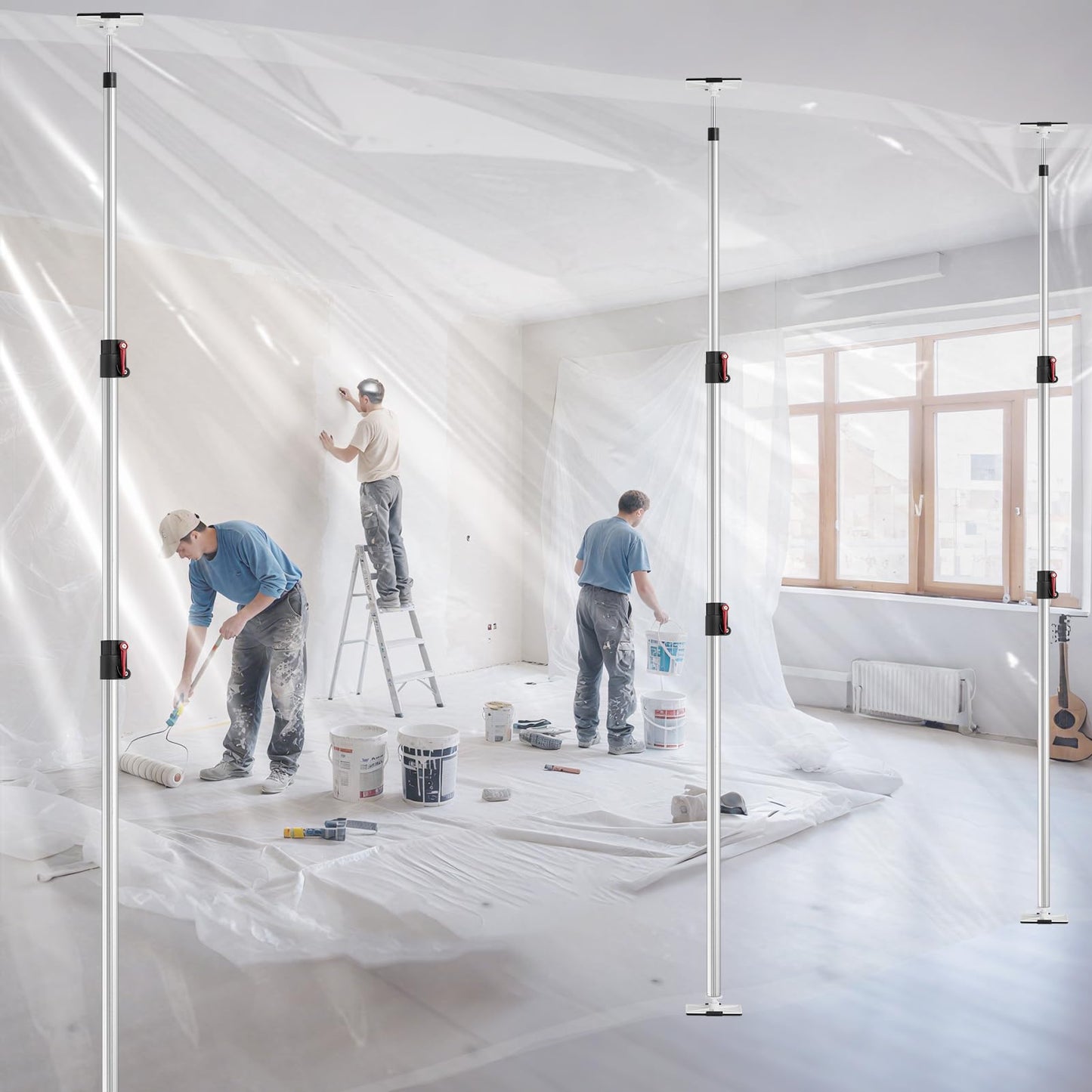 10FT Dust Barrier Poles 4 Pack withCarry Bag, Stainless Steel Retractable Zipper Wall Poles Kit for Renovation, Remodeling and Isolation Work
