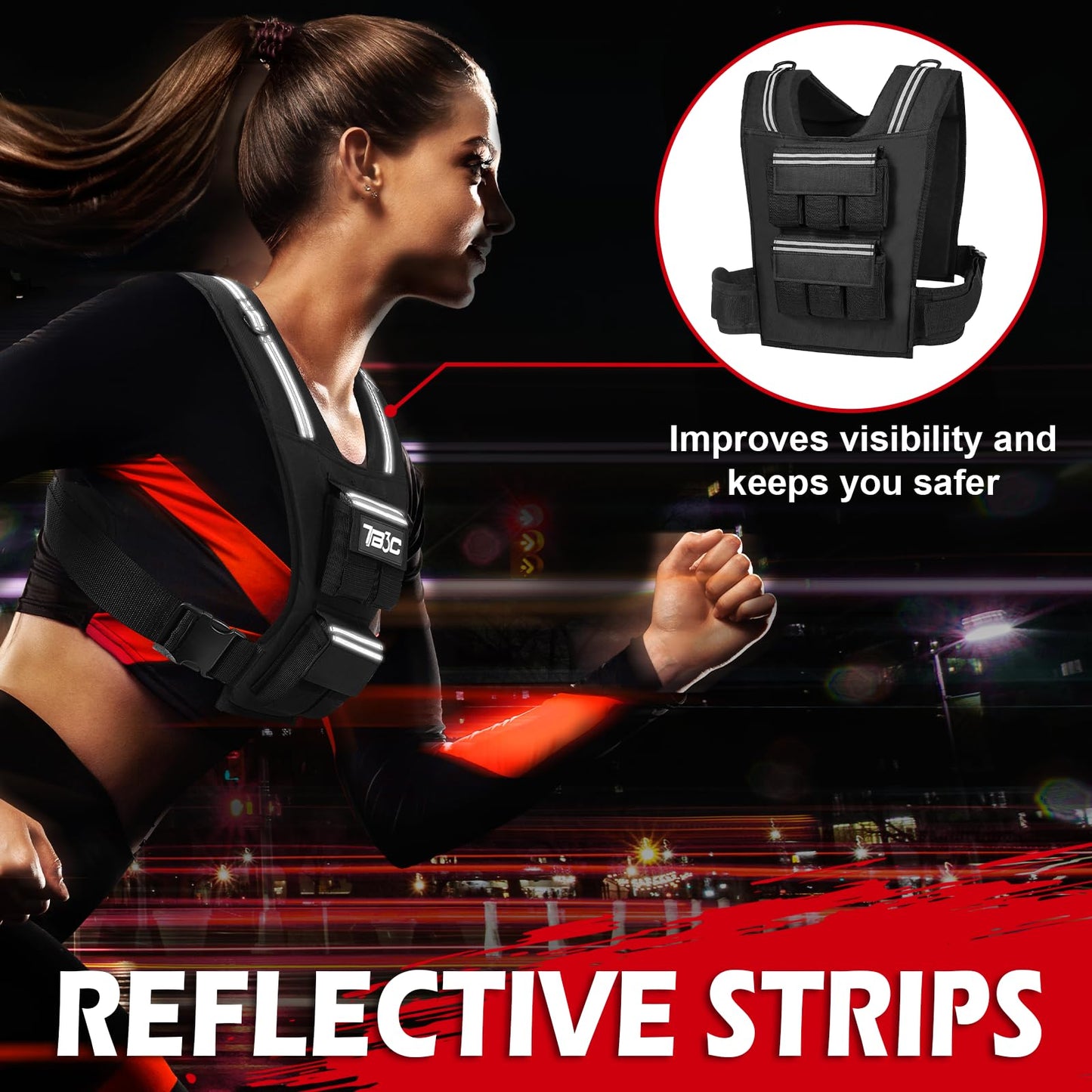 TB3C Adjustable Weighted Vest Men & Women, 30lbs with Reflective Stripe, Workout Vest for Home Gym, Cardio, Strength Training & Weight Loss