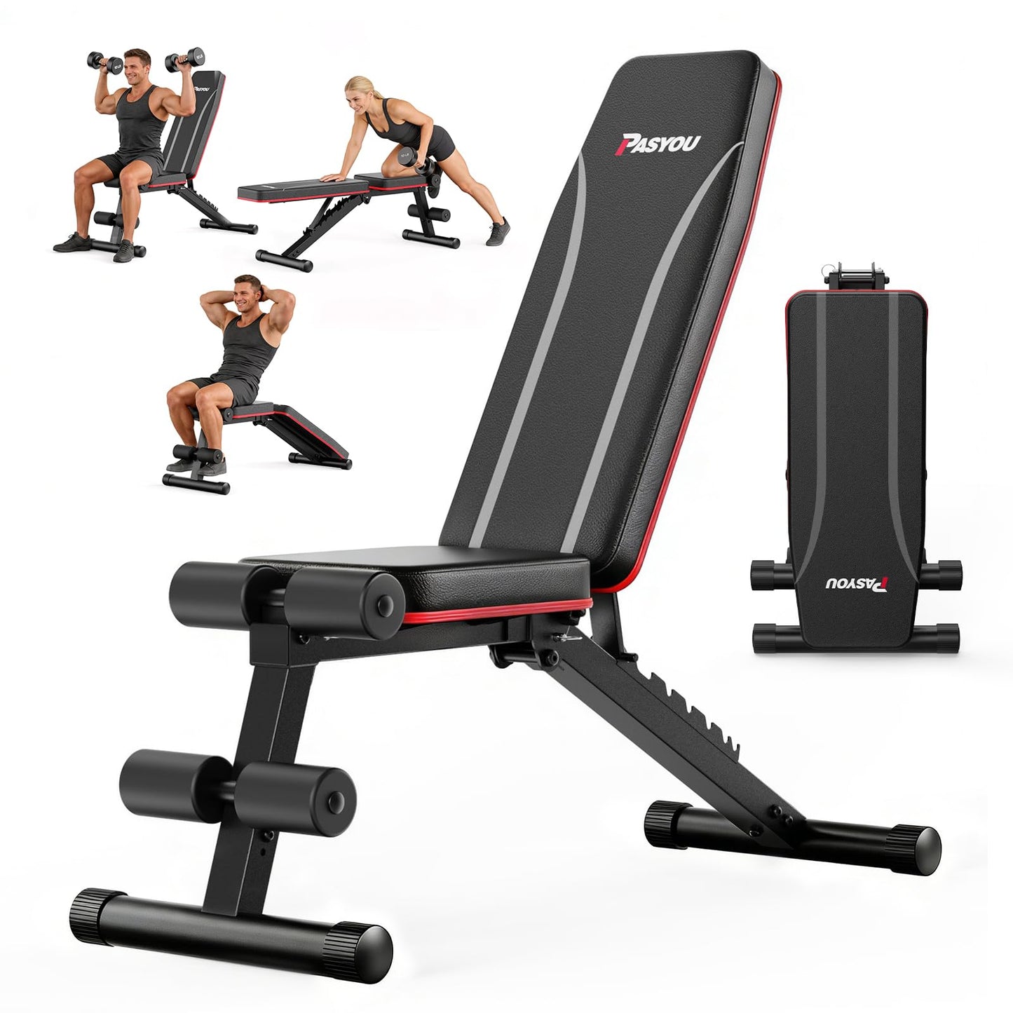 PASYOU Adjustable Weight Bench, Foldable Incline Decline Flat Bench with 660 lb Capacity, 95% Pre-Assembled, Compact Bench Press Full Body Strength Training Bench for Home Gym, Wider Seat, Grey
