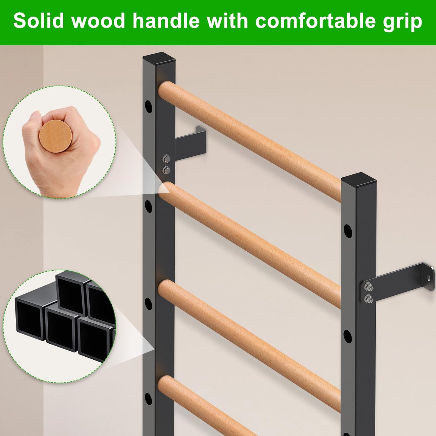 Kipika Gymnastic Wood Stall Bar - 2"x2" Swedish Ladder with 1" Hole, Wall Mounted Ladder Suspension Trainer, Solid Wood Grips Gymnastics Training Bar for Home, Wall Gym, School & Clinics