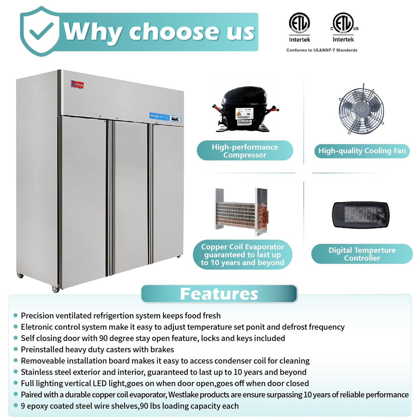 WESTLAKE Commercial Freezer 72"W 3 Door 3 Section Stainless Steel Reach-in Fan Cooling 54 Cu.ft Freezer for Restaurant, Bar, Shop, etc
