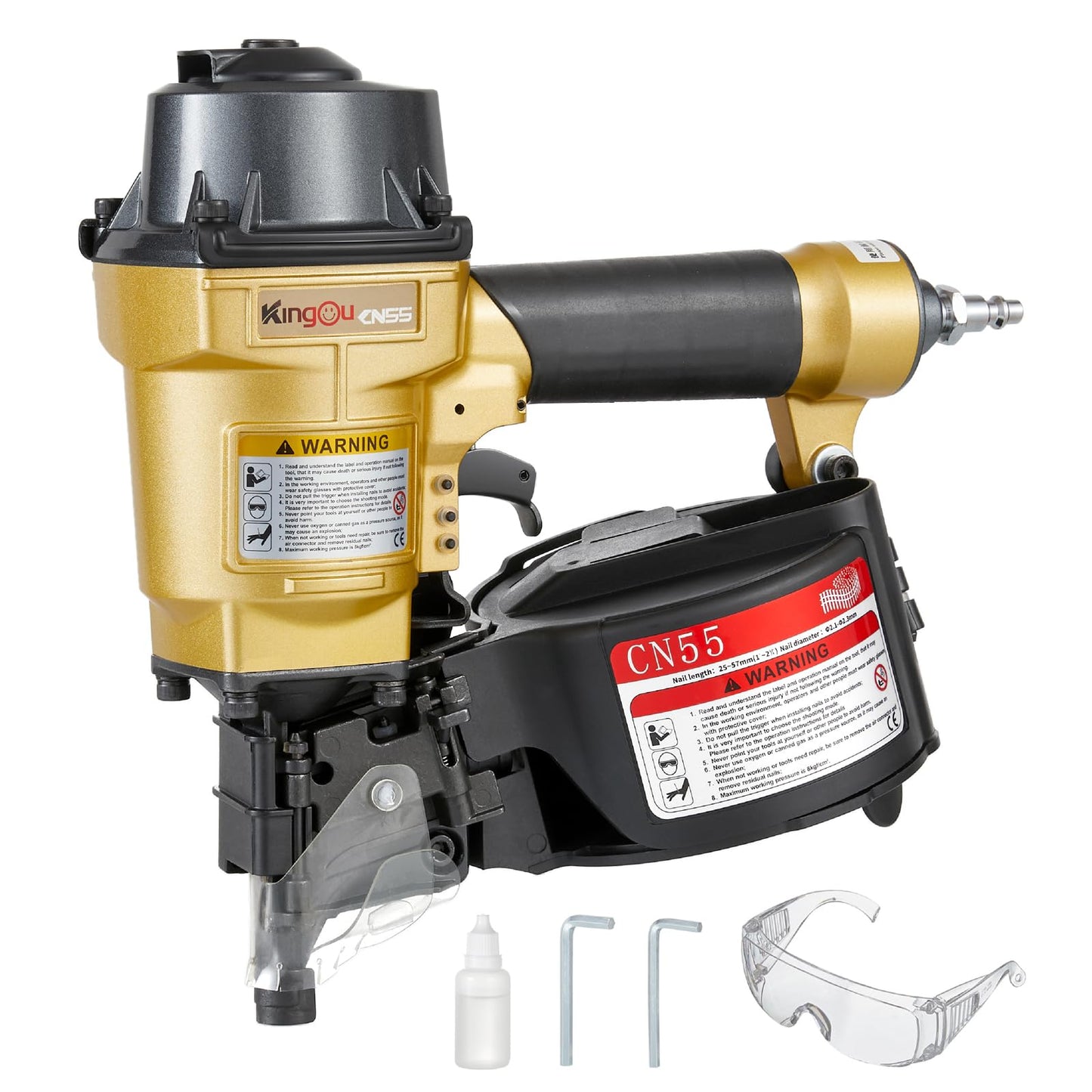 Kingou CN55 Coil Siding Nailer Gun For Wooden Pallet Accepts 1 Inch To 2-1/4-Inch Nails With 1/4 NPT Air Connector 300-400pcs Load Capacity Coil Nailer Coil Nail Gun For Wooden Box Packing