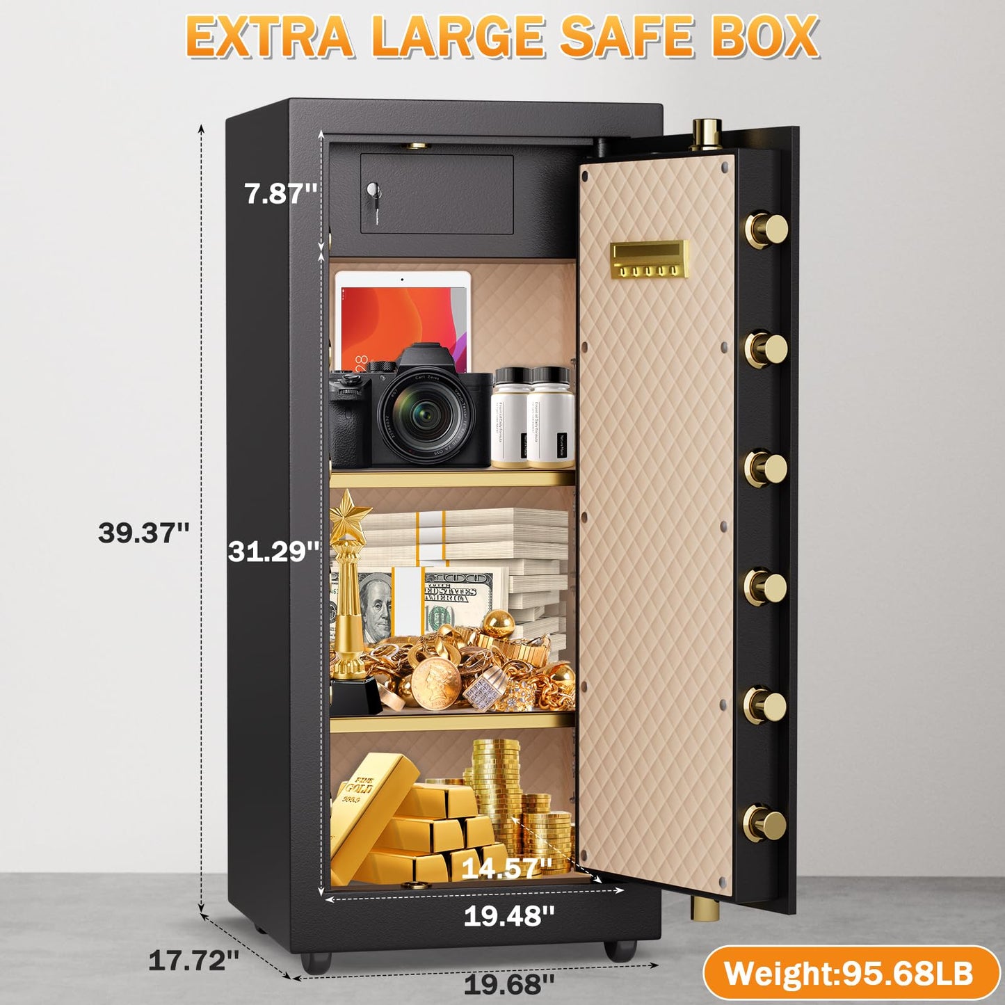 Omethey Safe, 39.37''H Extra Large Safes Box, 9.0 Cubic Feet Heavy Duty Safe with 2 Adjustable Shelf & Seperate Lock Box, Home Floor Safes with LCD Screen & Hidden Code for Doc Cash Jewelry Valuables