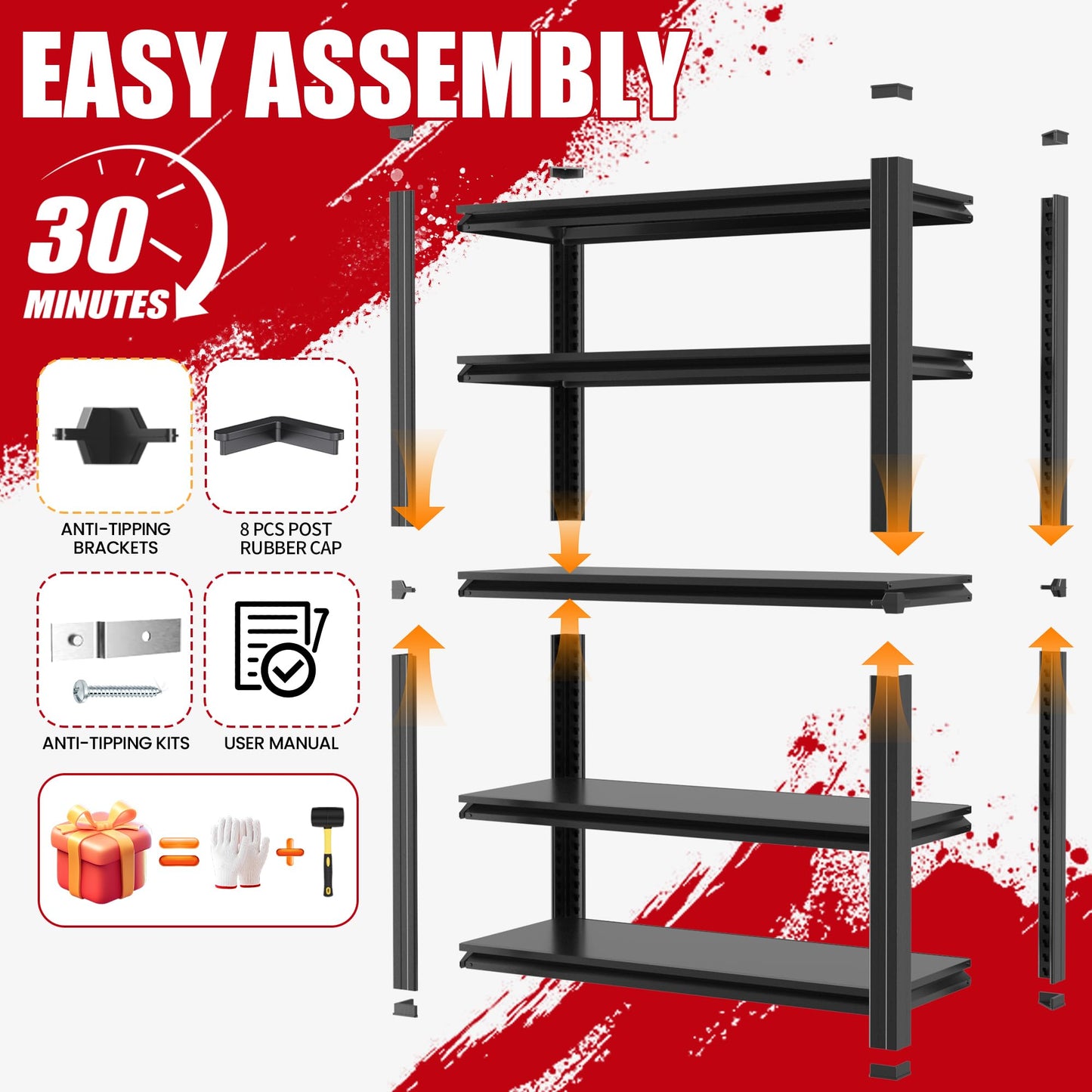 FOSTOKO Storage Shelves, 5-Tier Garage Shelving, Adjustable Heavy Duty Shelving Units, Metal Industrial Utility Organizer Storage Racks for Basement, Kitchen, Warehouse, Pantry,18" D×47.5" W×78" H