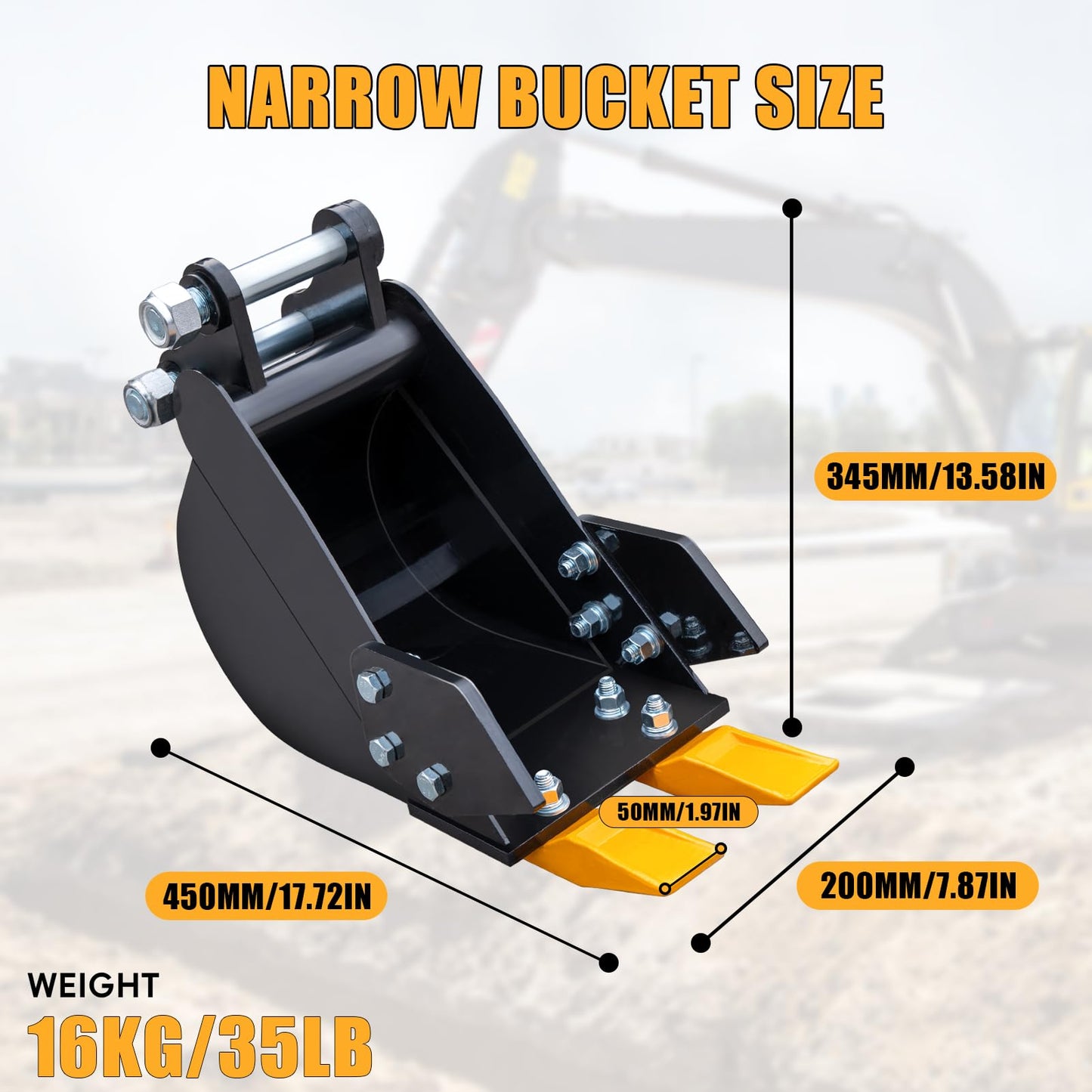 MMS 7.87in/200mm Mini Excavator Attachment, Narrow Backhoe Bucket, Manganese Steel Trench Digger Bucket with Metal Teeth, Suitable for 0.8-1.8 Tons Mini Excavators Digging Soil, Landscaping Work