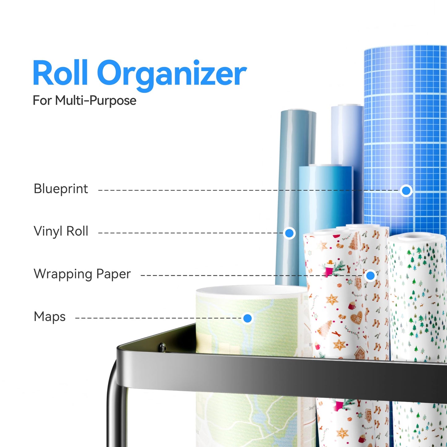 Josmimic Blueprint Storage Rack with Silent Wheels,12 Slots（4.3‘’×3.9‘’） Wrapping Paper Organizer Storage, Sturdy Cart for Organizing Construction Plans, Artwork,Map,Posters in Home/Office/School