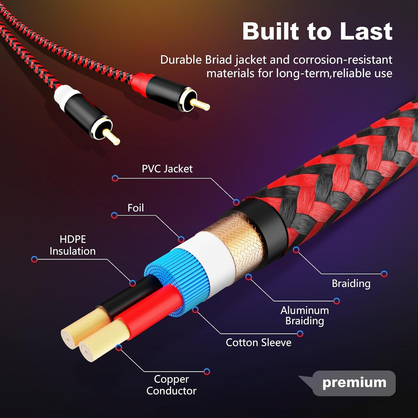 Jelly Tang 6Ft,2Rca 2-Rca etc(6Ft/2M) RCA Cable Male to Male Audio Stereo Subwoofer Cable [Hi-Fi Sound] Nylon-Braided