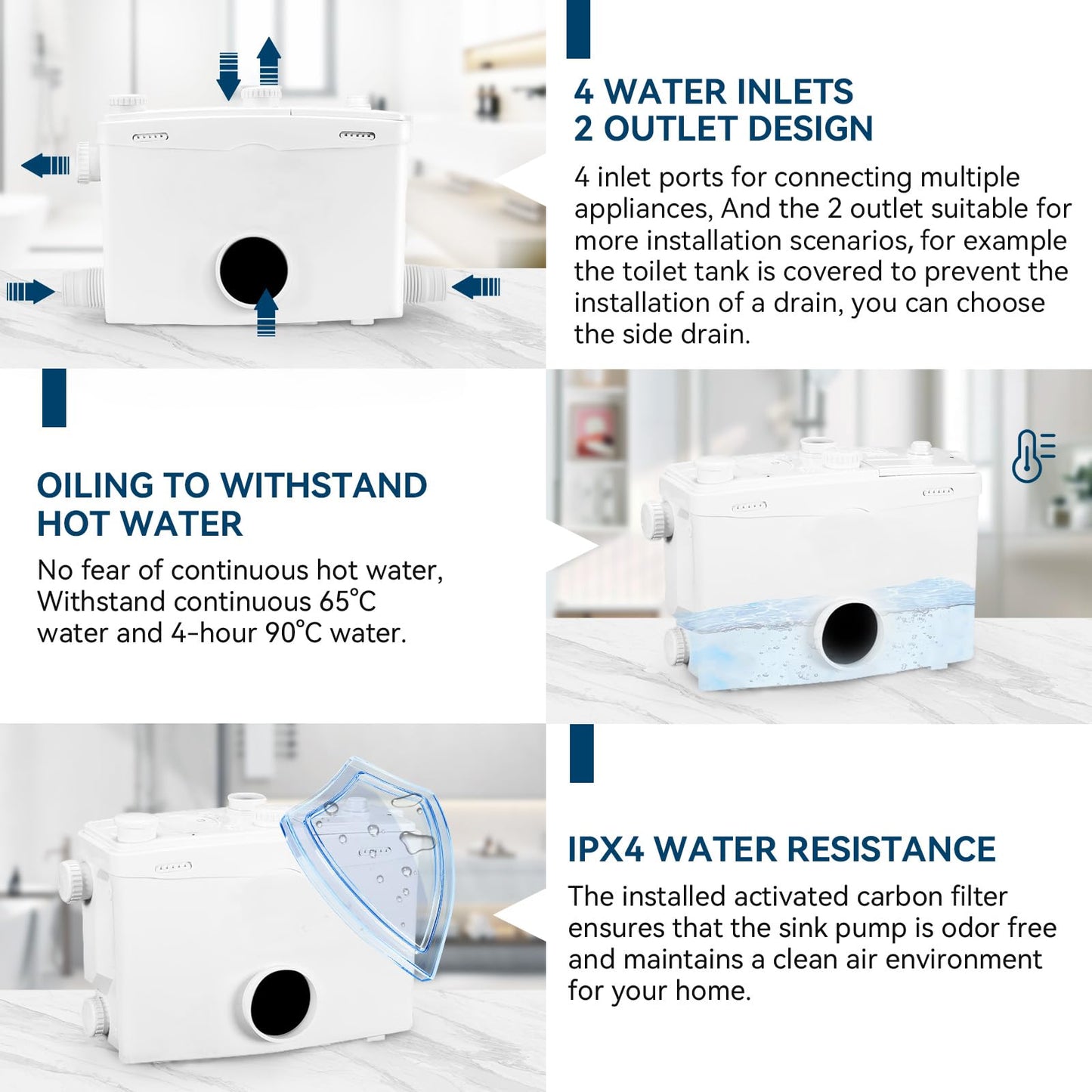 1500W Macerator Pump for Conventional Toilet with A Bottom Outlet Toilet Pump Upflush to 32.8FT 2800GPH Utility Sink Pump 4 Water Inlets 2 Outlets Macerating Toilet System for Toilet Shower Kitchen