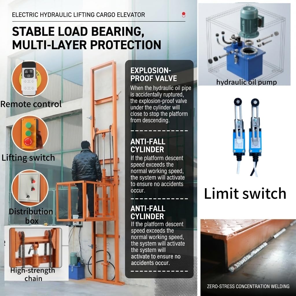 Home Elevator Lift System Dumbwaiter Elevator Home Factory Warehouse Wall Mounted Freight Elevator, 9.8 Ft Electric Hydraulic Lift Platform Table 2200lbs
