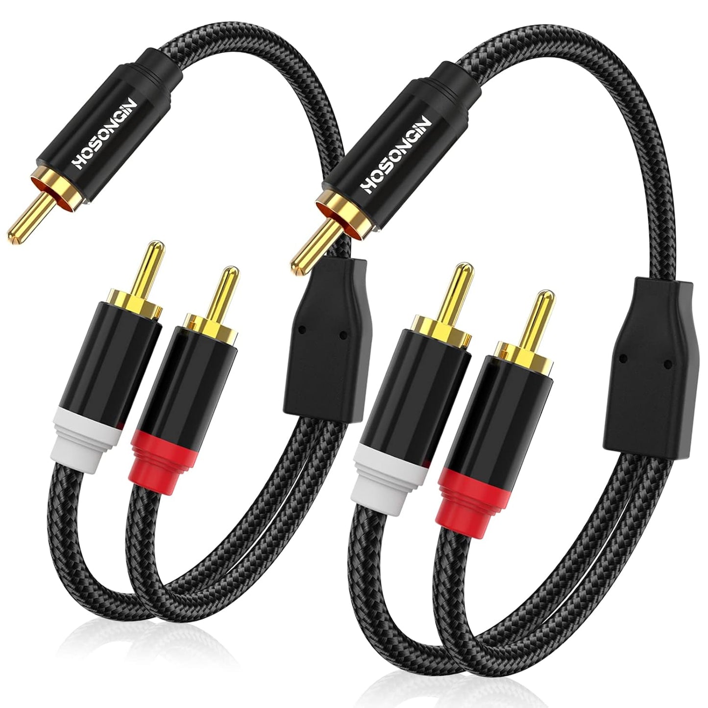 1 2 (2 Pack), 12 Inch, 24K HOSONGIN RCA Y Splitter Cable, Male to Male Audio Cables Gold-Plated, Cotton Braided
