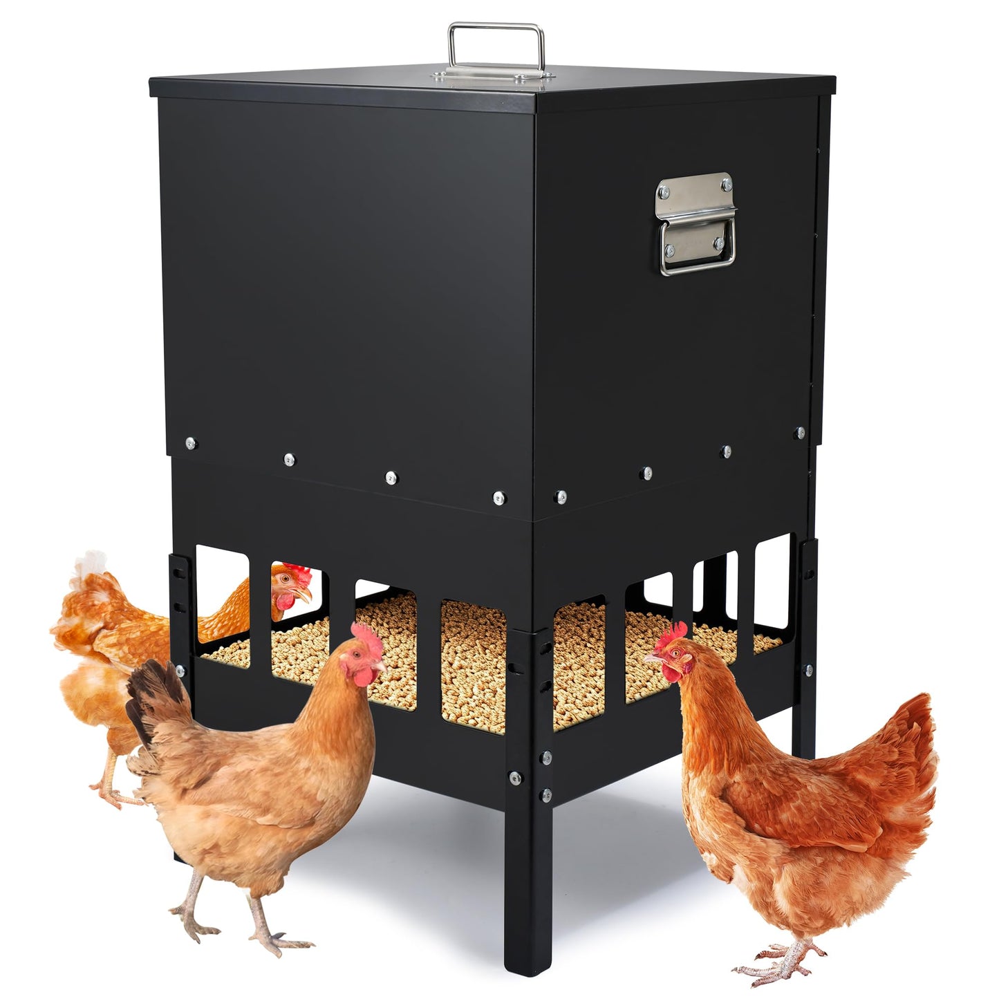 55-70LBS Large Chicken Feeder No Waste 16-Ports Automatic with Magnetic Baffle to Prevent Rodents and Mice Large Poultry Feeder Adjustable Height Suitable for All Poultry, Weatherproof