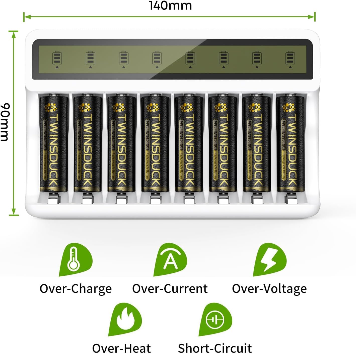 TWINSDUCK 8-Slot AA AAA Battery Charger, Smart LCD Display & Fast Charging for NiMH/NiCd (Micro USB Powered)