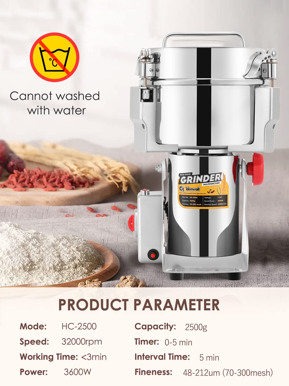 CGOLDENWALL 2500g Electric Grain Grinder Mill Safety Upgraded 3600W High-speed Spice Herb Grinder Commercial Superfine Machine Dry Cereals Pulverizer CE 110V (2500g Swing Type)