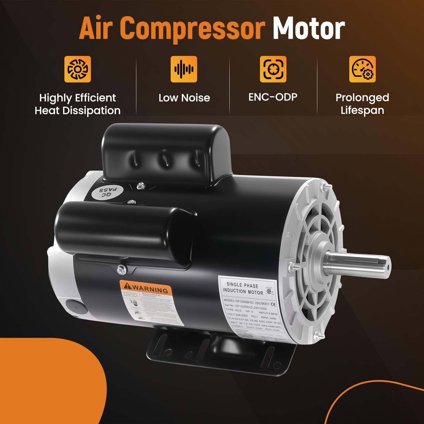 maXpeedingrods 5 HP Air Compressor Electric Motor, 56HZ Frame 3450RPM 230V Single Phase 7/8" Shaft, CCW Rotation, 2.25" Shaft Length for Air Compressors