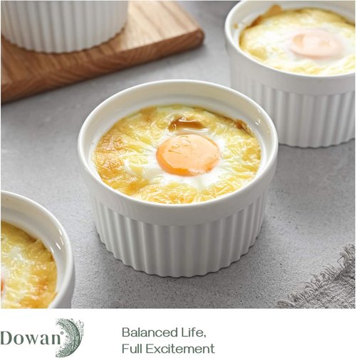 DOWAN 4 Oz Ramekins - Oven Safe Porcelain Bowls for Baking Soufflé | Set of 6, Classic White